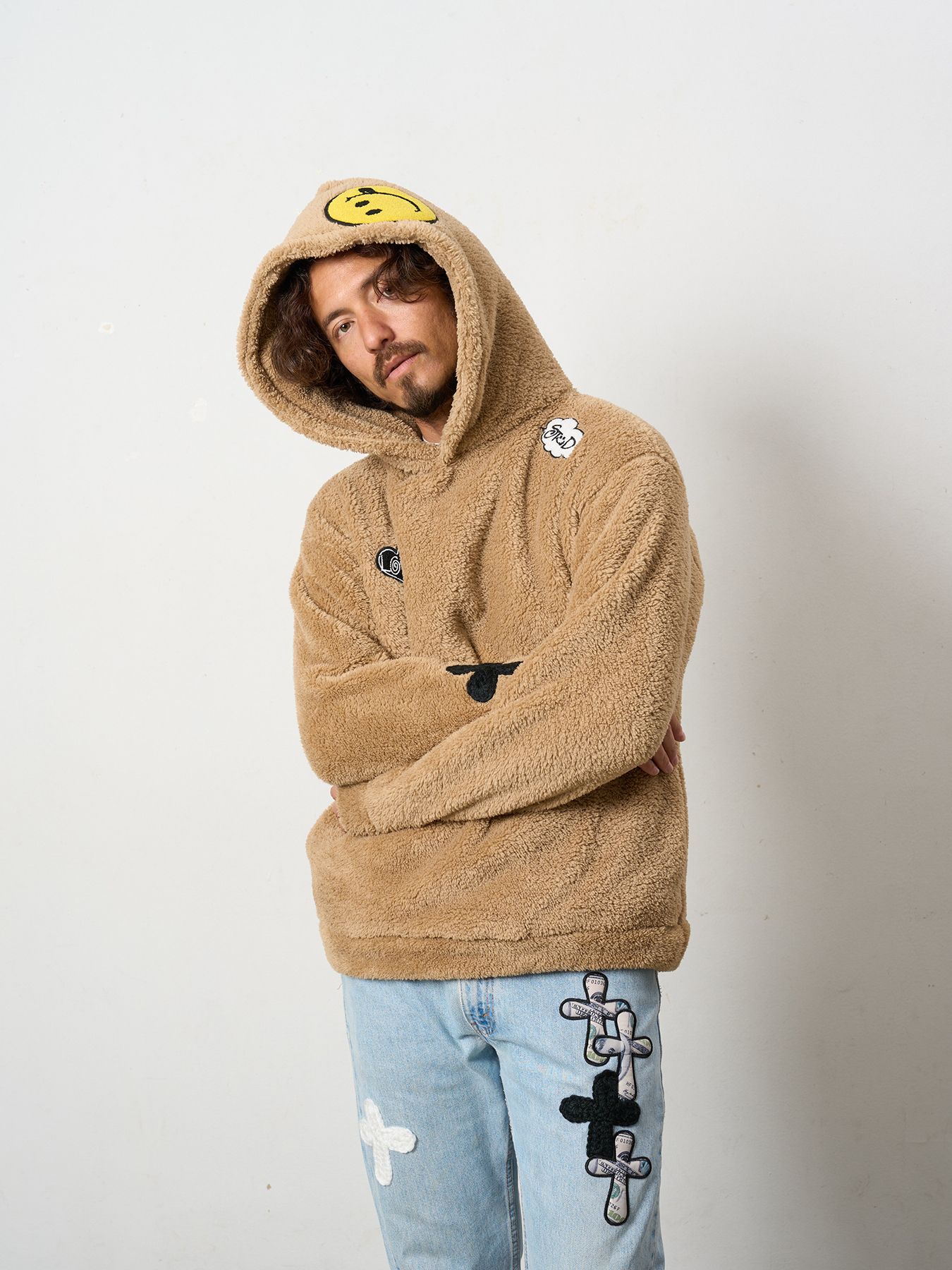 【予約品 5月8日(木) AM10時 締切】 コーラルフリースボア マルチパッチワークプルパーカー / キャメル