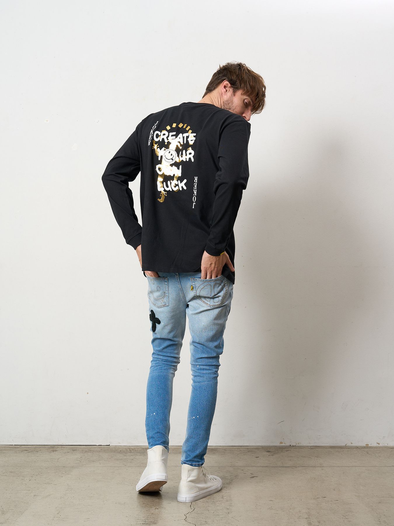 【予約品 5月8日(木) AM10時 締切】 5.6ozコットン天竺 CREATE YOUR OWN LUCK&マルチパッチワーク LS Tシャツ / ブラック