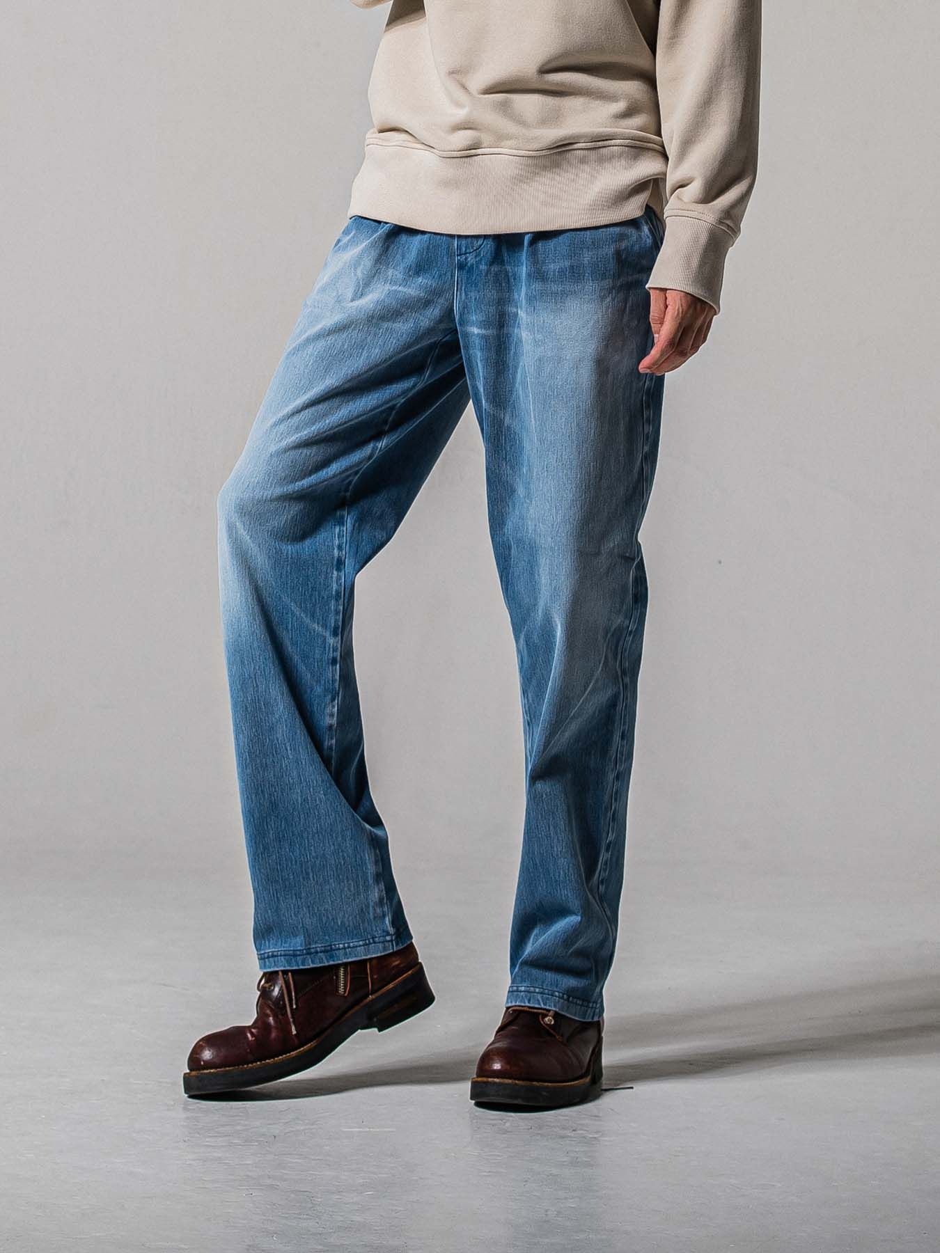 【予約品 11月16日(日) 締切】DENIM JERSEY WIDE PT / デニムジャージ セミワイドシルエット ワンタックイージーパンツ / ライトインディゴ