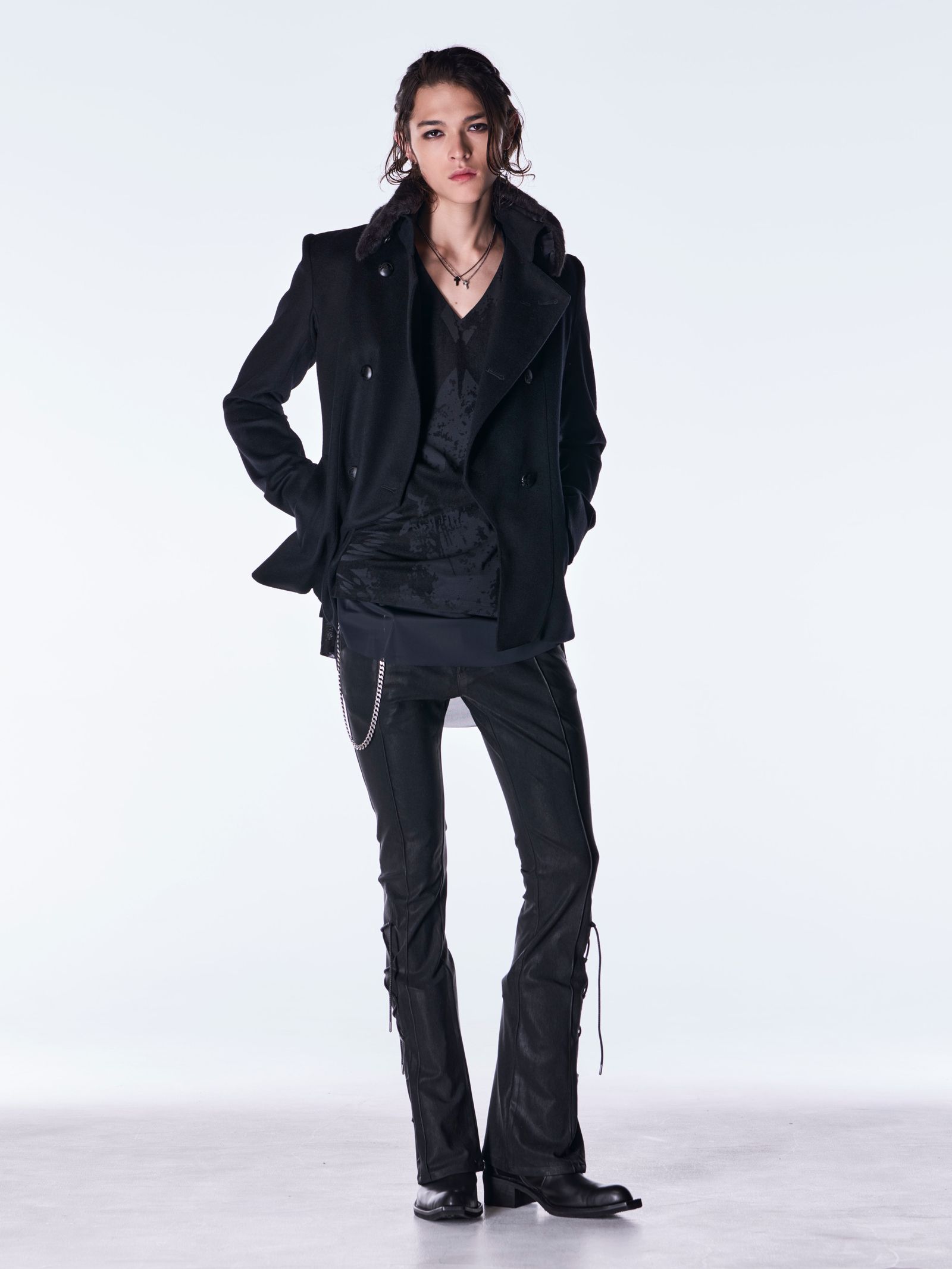 【予約品 6月29日(月) 締切】Coating High Tension Jersey Lace Up Flare Pants / コーティング レースアップ フレアパンツ / ブラック