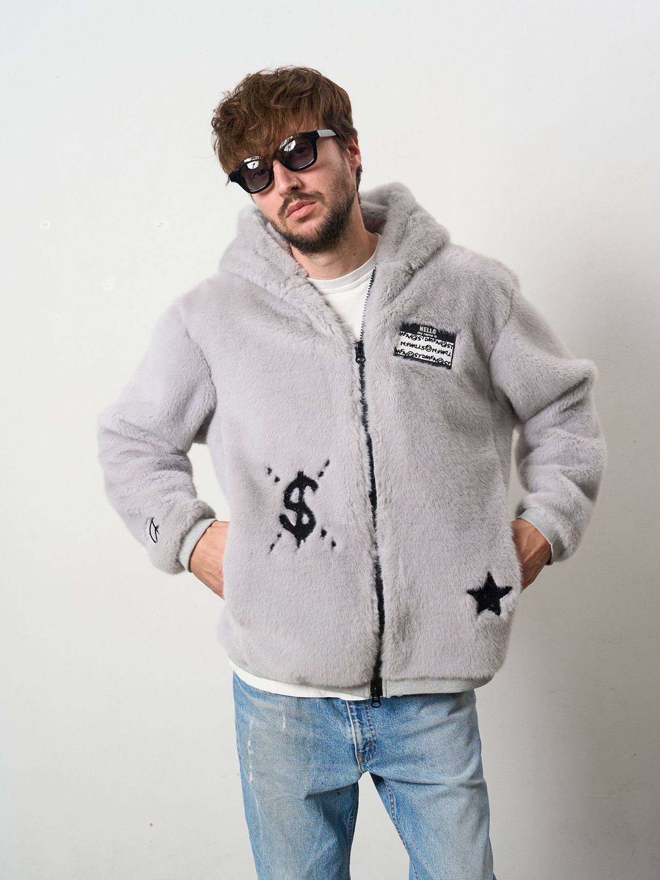 【予約品 5月8日(木) AM10時 締切】 ECOファー マルチパッチワークビックジップワイドパーカー / M.グレー