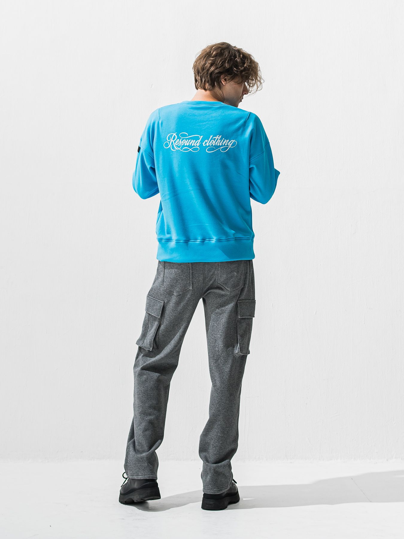 【予約品 9月6日(日) 締切】PIN ST RC VELOURS FLEECE DROP TRAINER / ピンストライプロゴ 裏起毛 ルーズトレーナー / ブルー