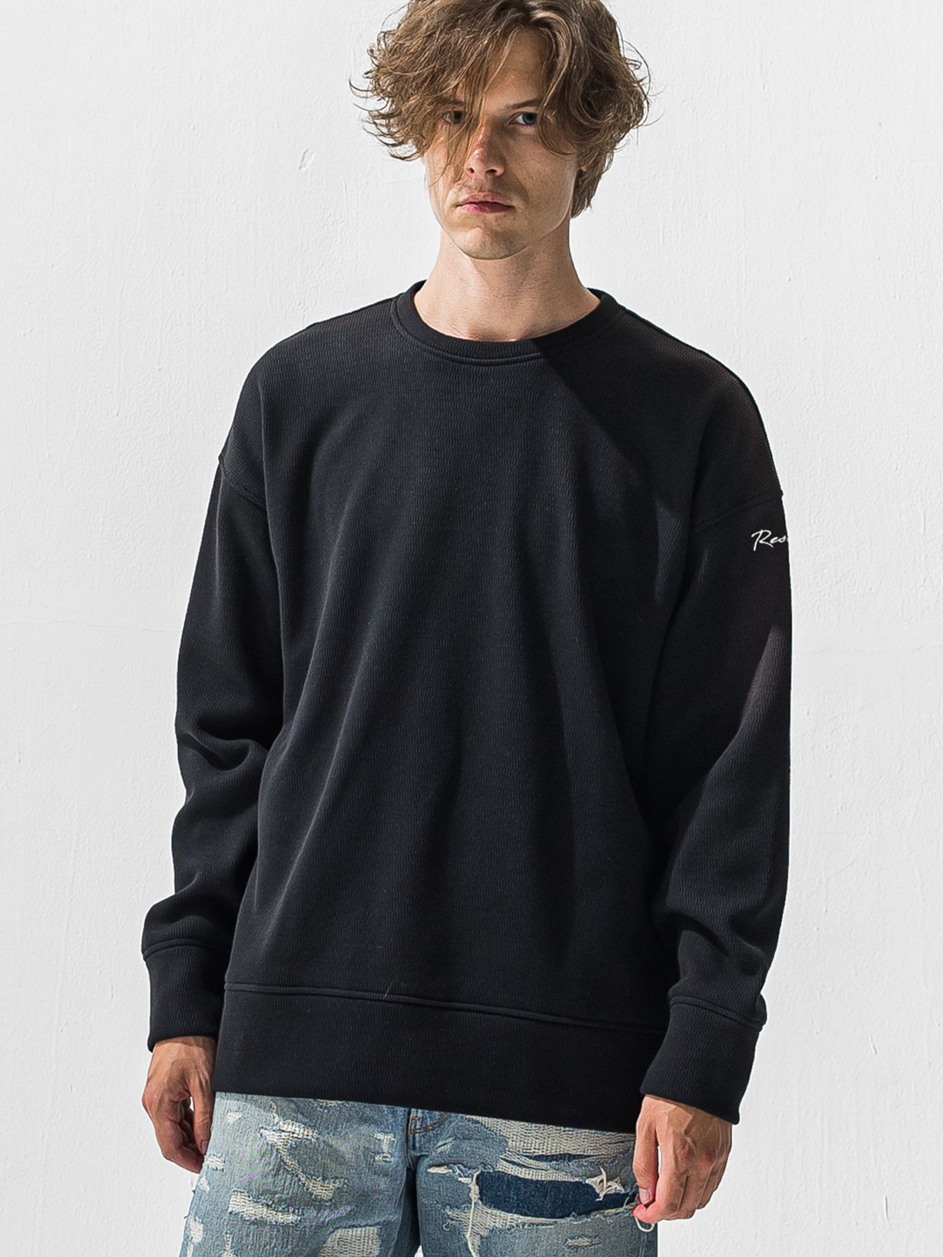 【予約品 9月6日(日) 締切】VELOURS FLEECE THERMAL LOOSE TRAINER / 裏起毛 ハニカムサーマル ルーズトレーナー / ブラック
