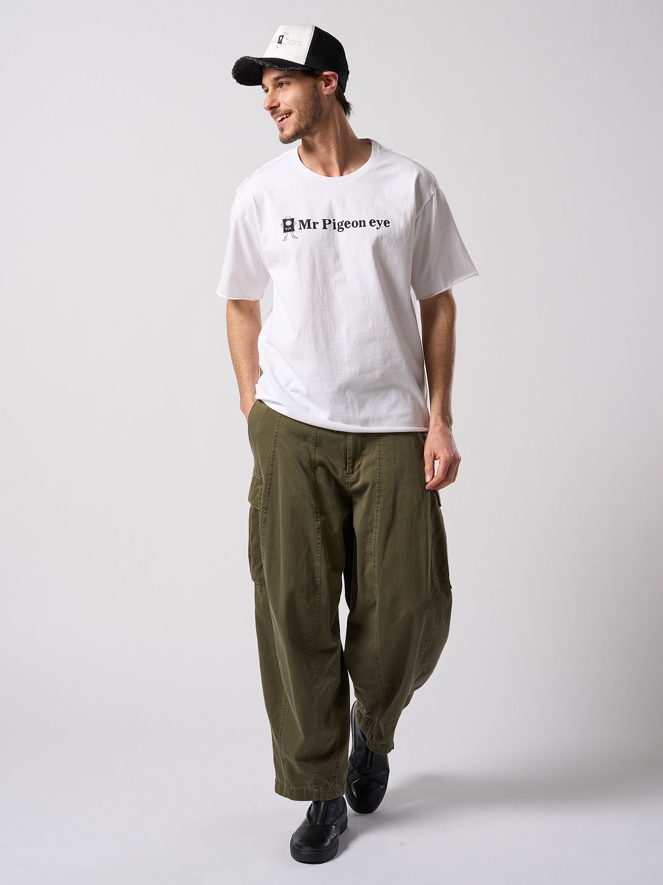 【予約品 4月19日(日) 18時締切】Ohta Design × wjk collaboration："panic" cut-off mesh cap / "panic" カットオフ メッシュキャップ / ホワイト×ブラック