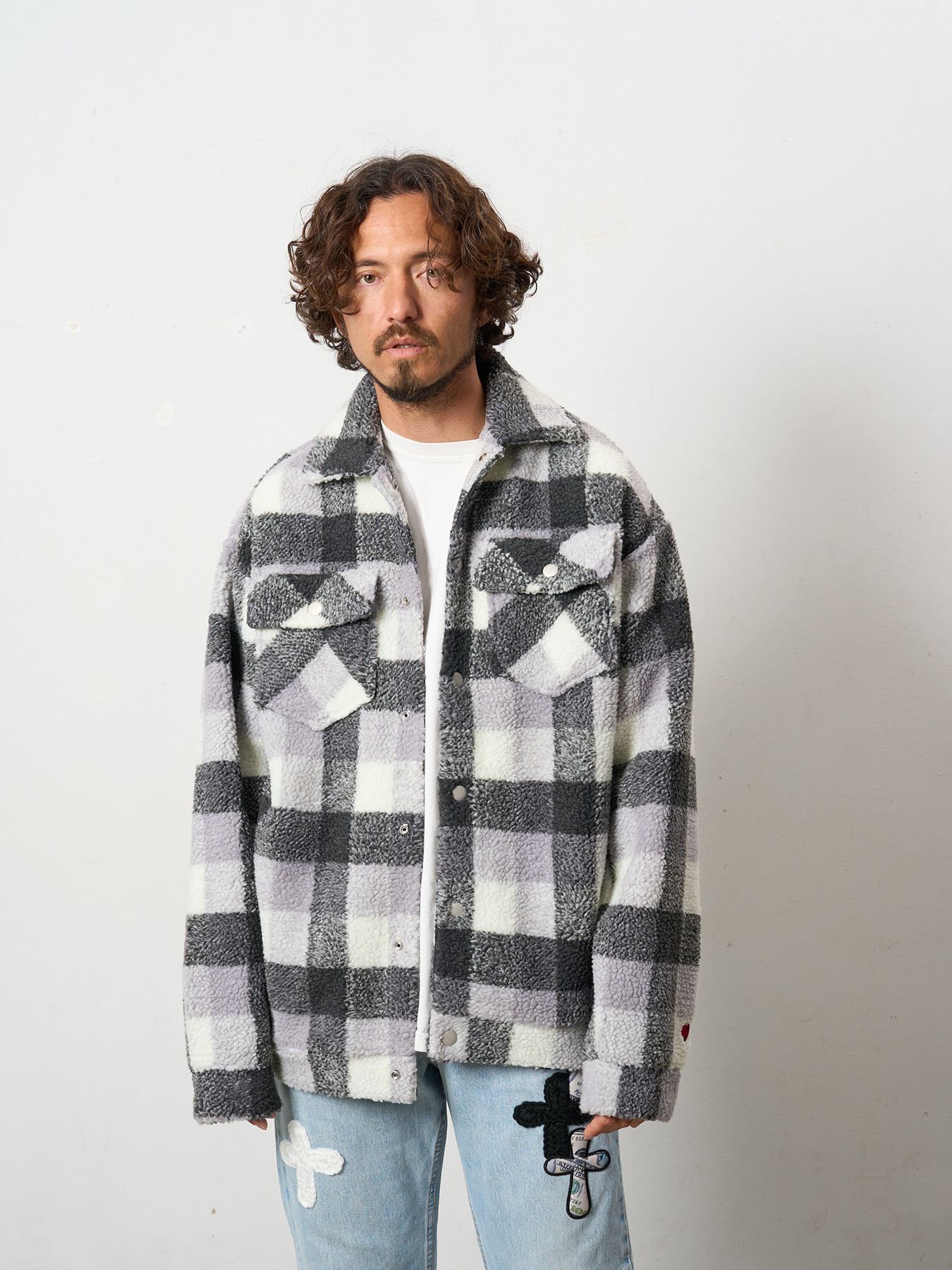 【予約品 】 ブロックチェックムックボア サガラパッチワークブルゾン / M.グレー