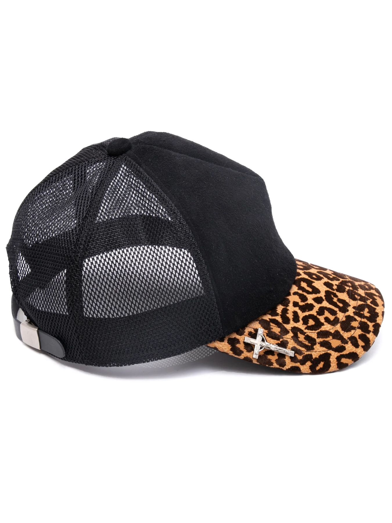 ディア スエード × 豹柄フロッキープリント ピッグ スエード レザーキャップ / BLACK × LEOPARD