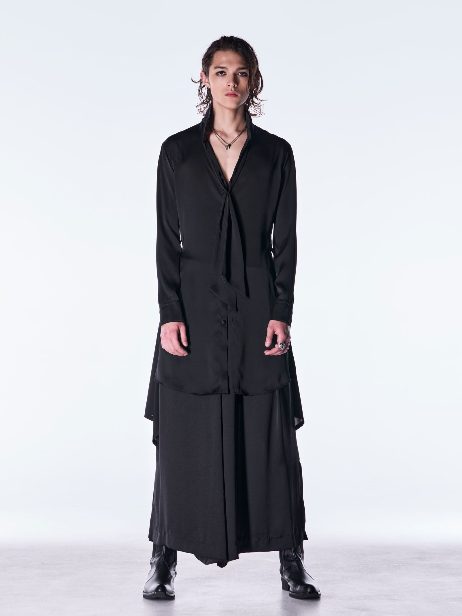 【予約品 6月29日(月) 締切】Vintage Satin Stand Collar Shirt / スタンドカラー シャツ / ブラック