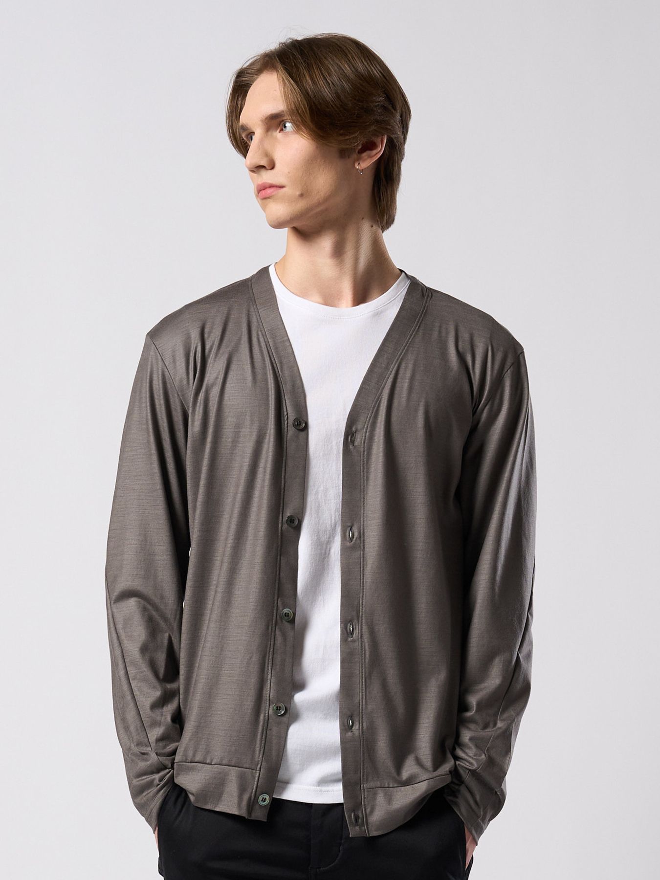 【予約品 4月19日(日) 18時締切】ex.comfy wool middle cardigan / メリノウールジャージー カーディガン / スチールグレー