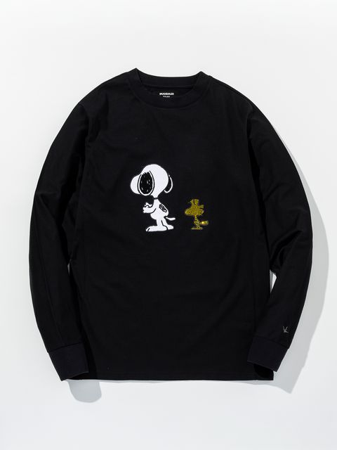 《スヌーピー コラボ》ラインストーン SNOOPY & WOODSTOCK 長袖Tシャツ / ブラック【PEANUTS × 1PIU1UGUALE3 RELAX】
