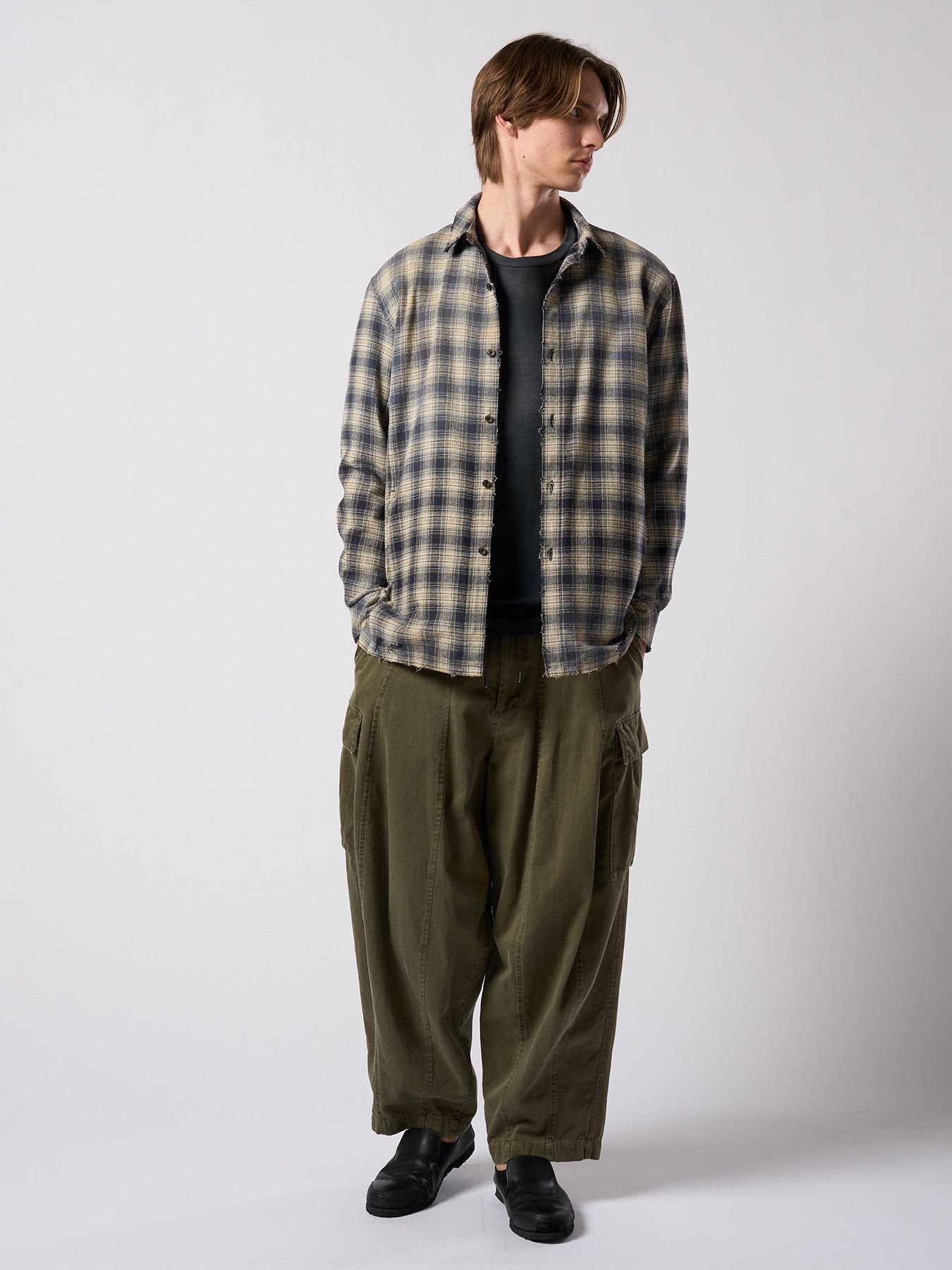 【予約品 4月19日(日) 18時締切】aging loose check shirt / エイジング ルーズ チェックシャツ / フェードブラック