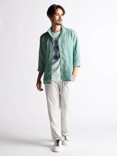 カラープリーツ7分袖スタンドカラーシャツ / ライトグリーン 【NICOLE CLUB FOR MEN】