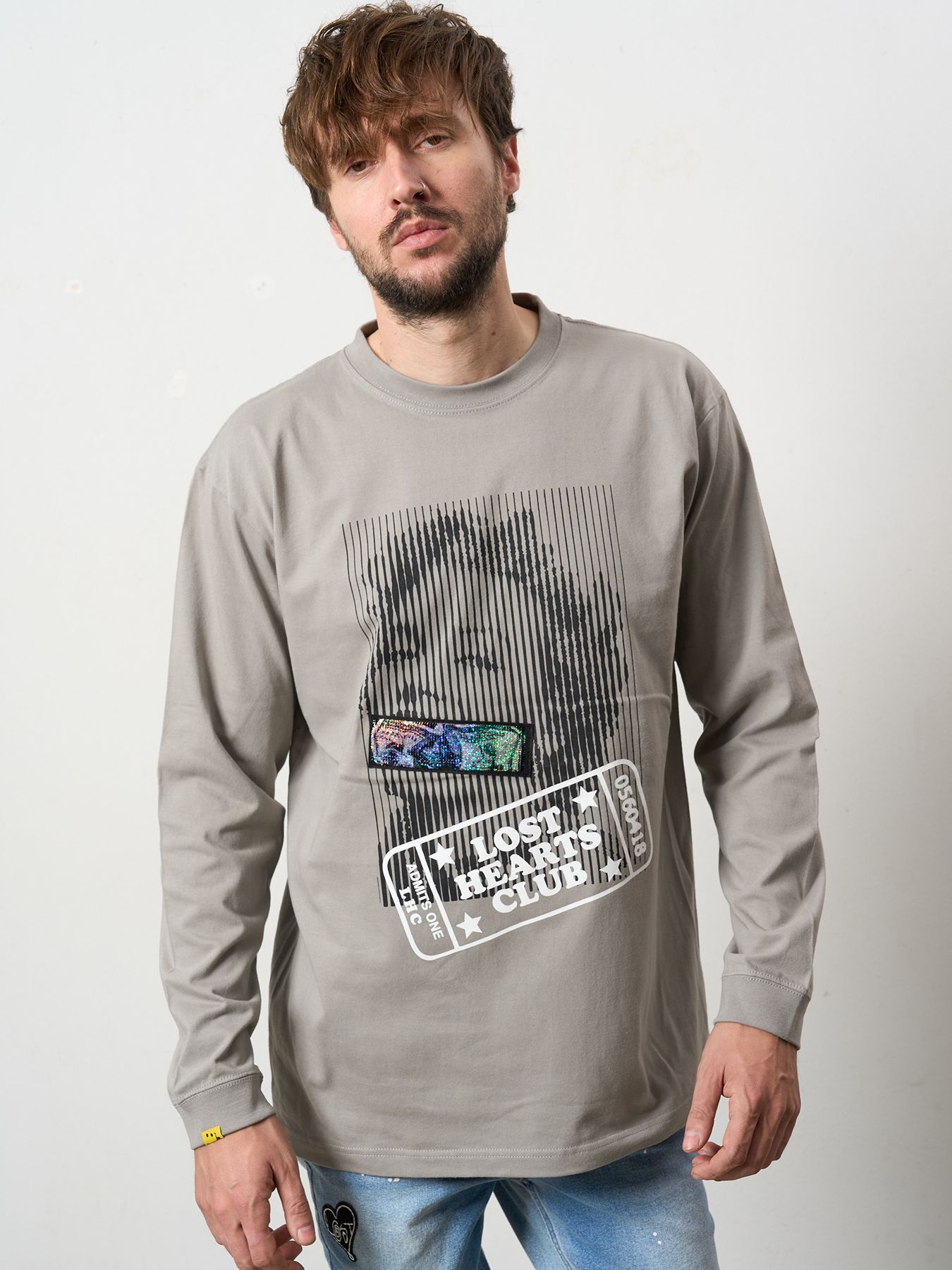 【予約品 5月8日(木) AM10時 締切】 5.6ozコットン天竺 LOST HEARTS シークインLS Tシャツ / チャコールグレー