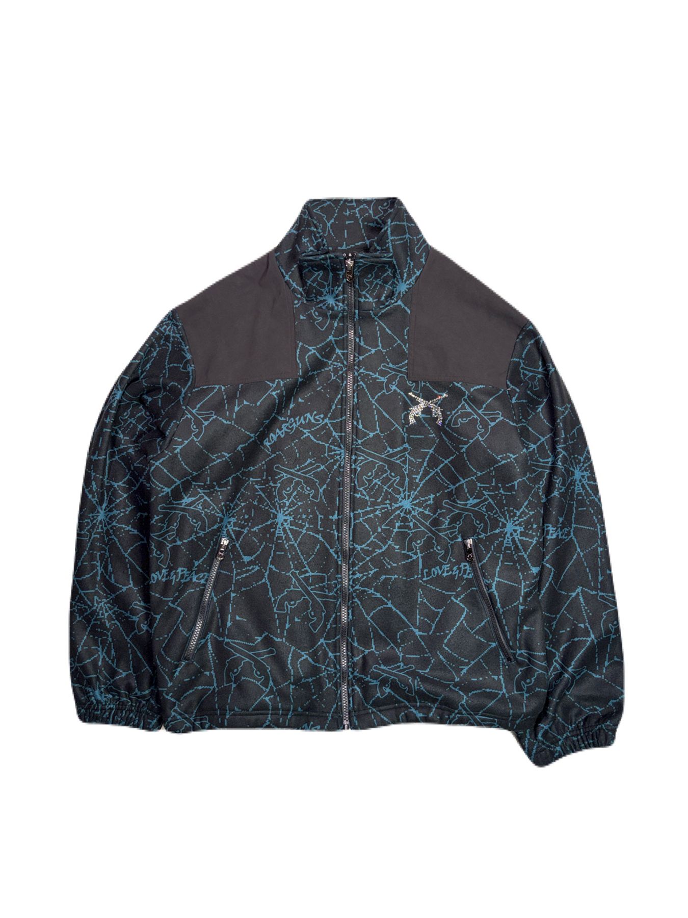 【予約品 3月9日(月) 18:00 締切】SPIDER PRINT JKT CRY / クリスタルクロスガン スパイダープリント フリース ジャケット / ブラック×ブルー