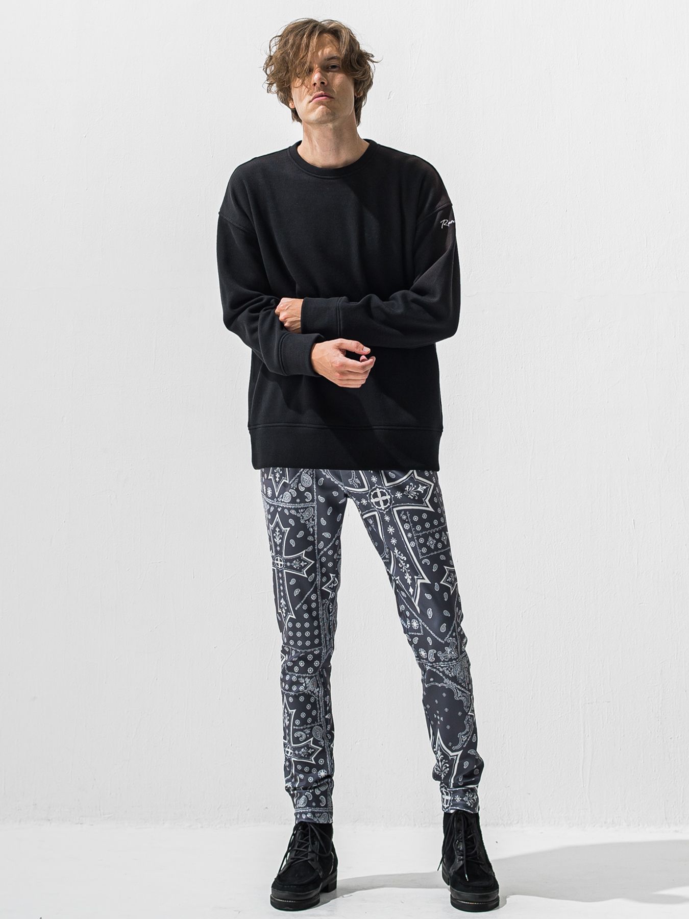 【予約品 9月6日(日) 締切】VELOURS FLEECE THERMAL LOOSE TRAINER / 裏起毛 ハニカムサーマル ルーズトレーナー / ブラック