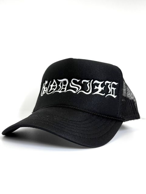 GODSIZE®刺繍 MESH BACK TRUCKER HAT BLACK