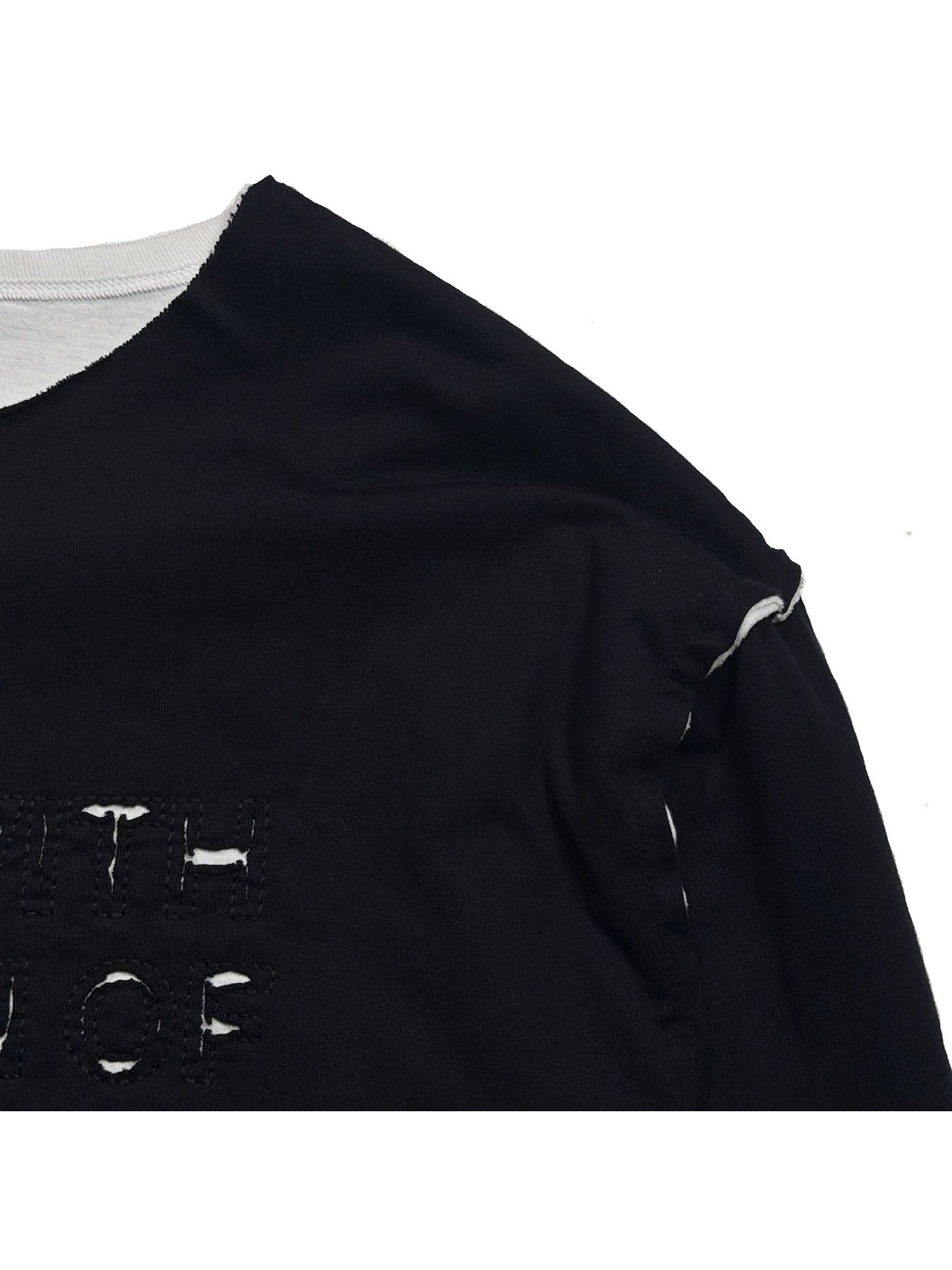 【予約品 3月9日(月) 18:00 締切】EMB CUT W FACE T / メッセージ刺繍 カット Wフェイス ロンT / ブラック×ホワイト