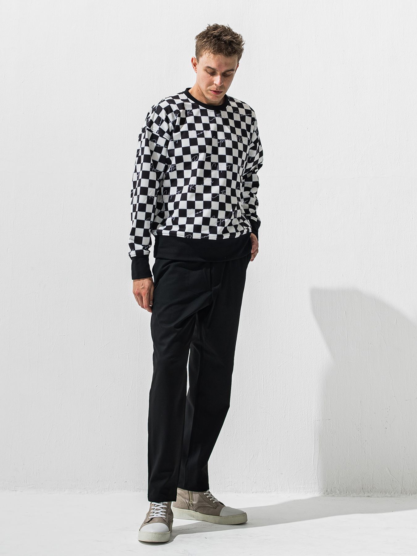 【予約品 9月6日(日) 締切】CHECKER BACK FLEECE TRAINER / 裏起毛 ルーズトレーナー / ホワイト×ブラック
