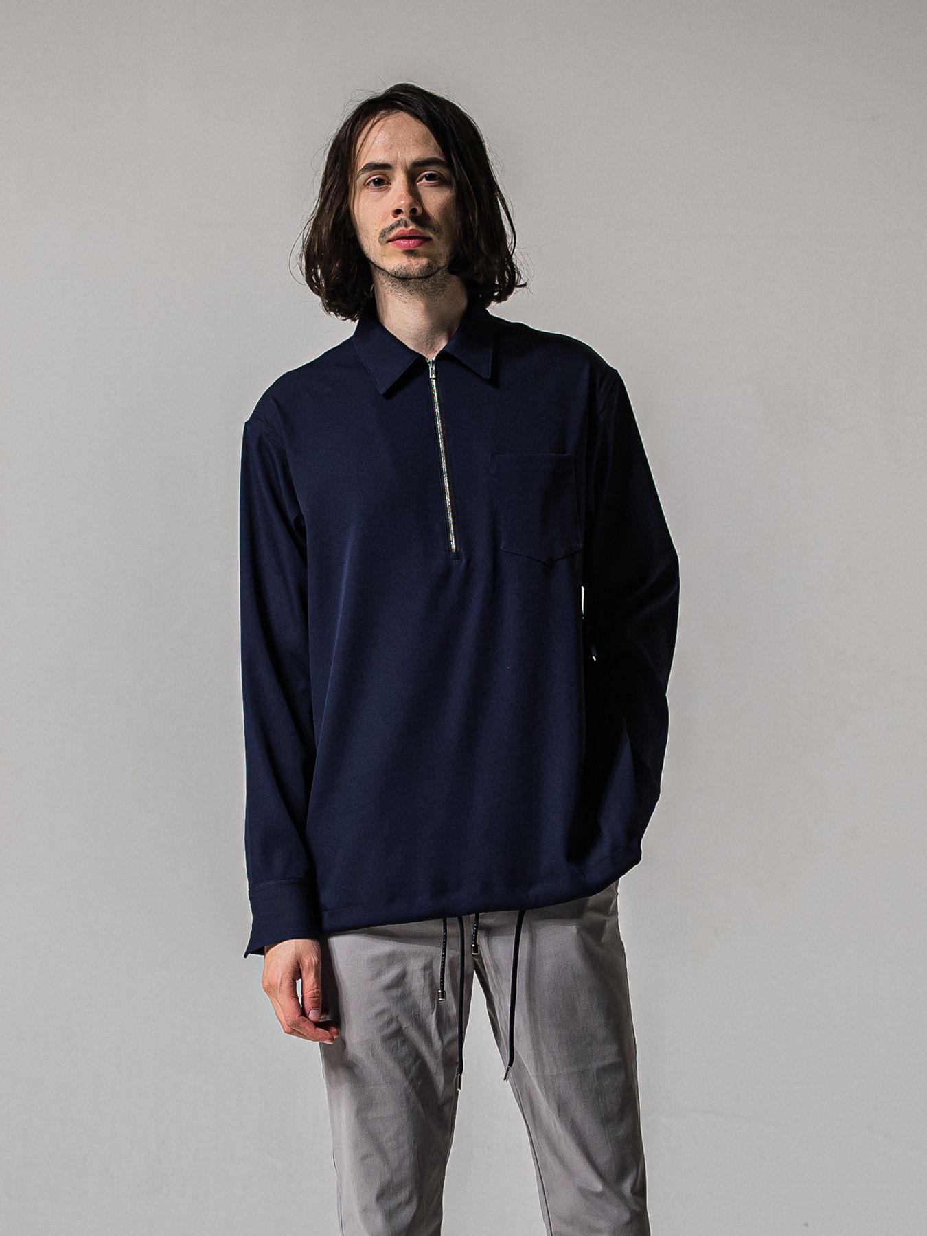 【予約品 11月16日(日) 締切】PULL OVER SATIN SHIRT / ジッププルオーバー サテンシャツ / ネイビー