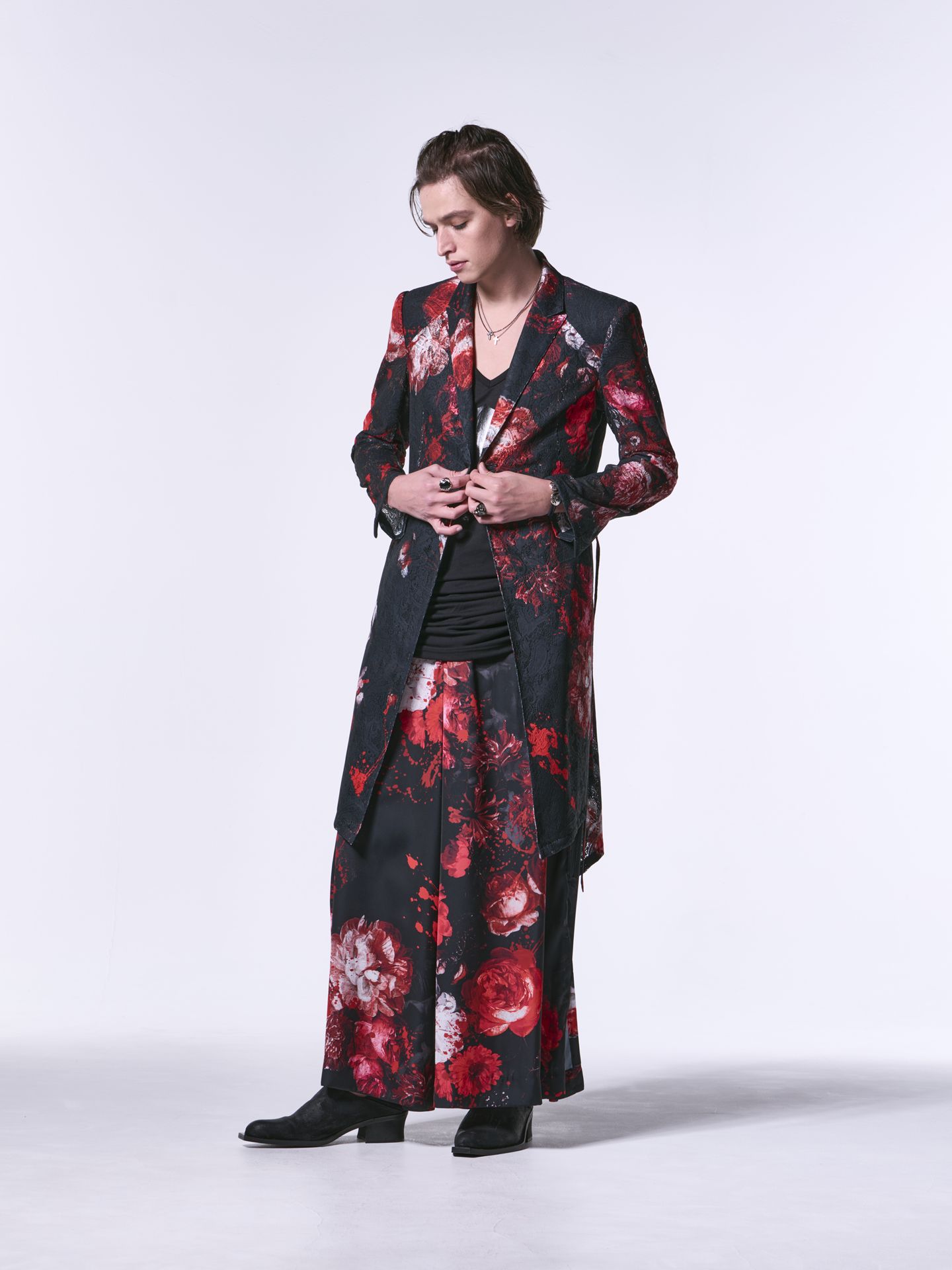 《予約品》 SlitWideTuckSlacks / スリットワイドスラックス / サテンブラック＆レッド