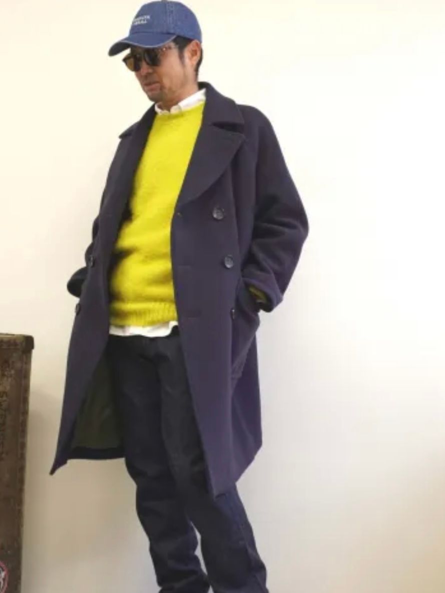 ウールモッサダブルオーバーコート NAVY 裏地ボアファー