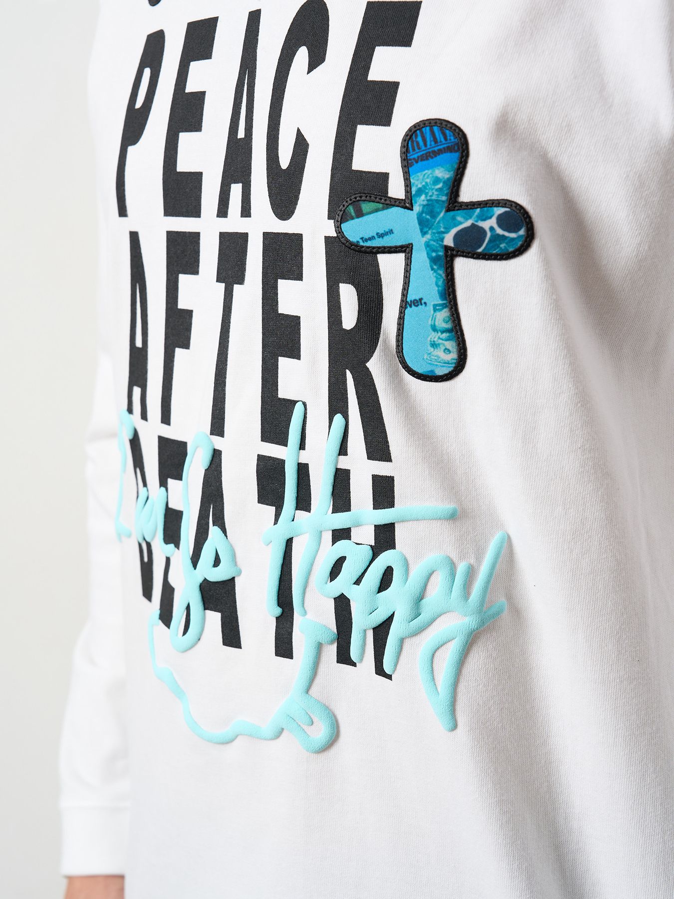 【予約品 5月8日(木) AM10時 締切】 5.6ozコットン天竺 PEACE AFTER DEATH&クロスパッチワーク LS Tシャツ / ホワイト