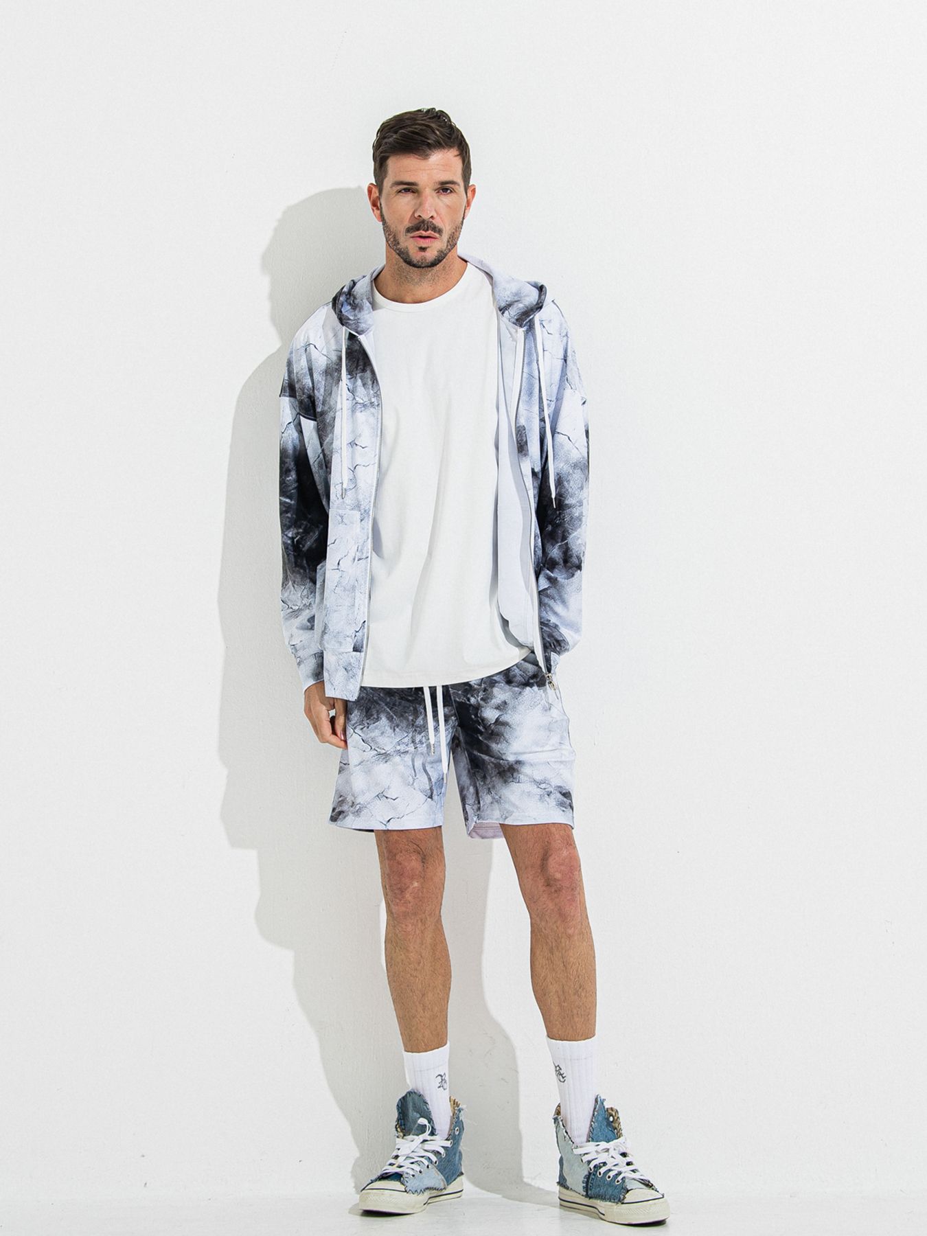 【予約品】RASH OVER ZIPUP HOODIE / ラッシュガード オーバーサイズジップアップパーカー / マーブルホワイト