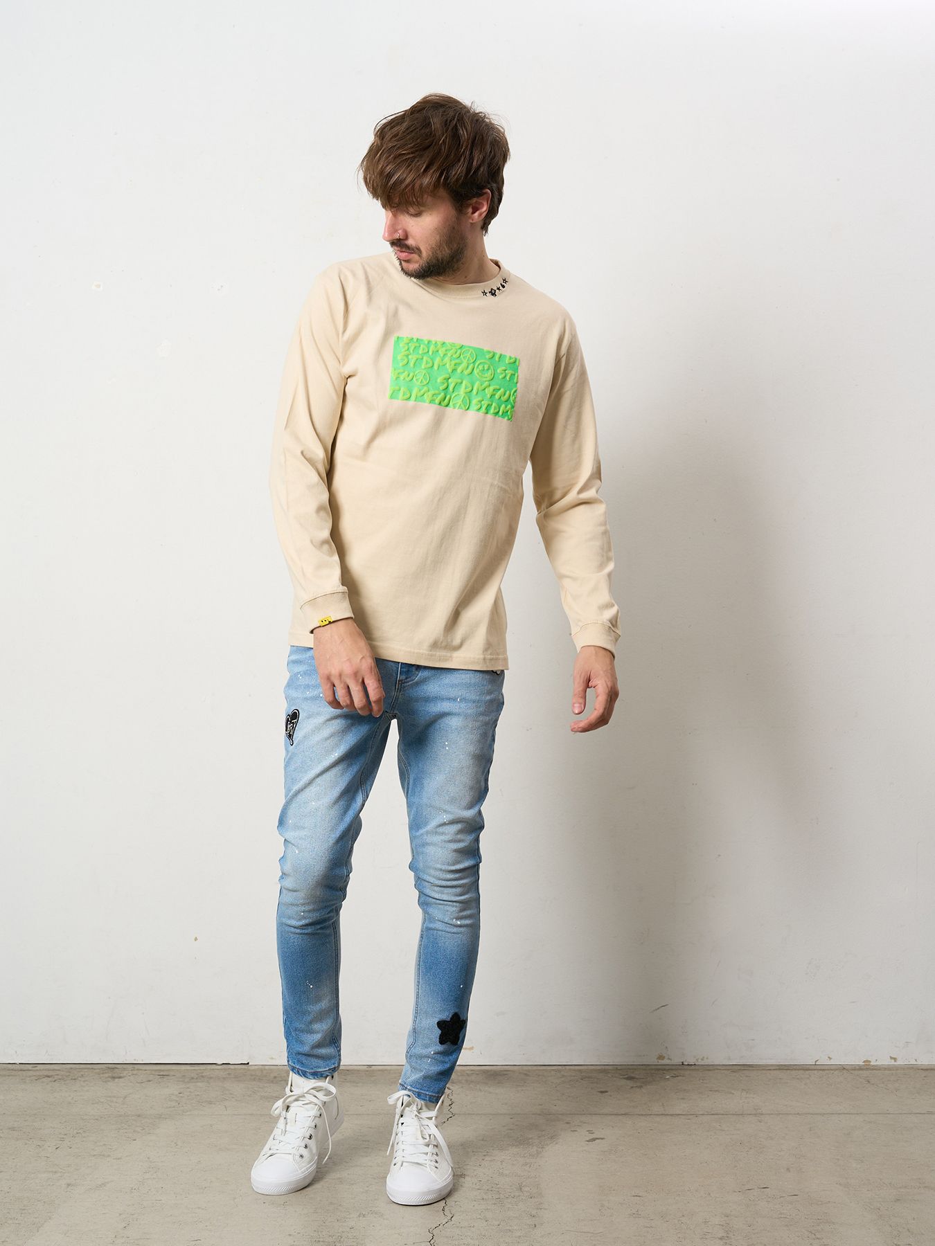 【予約品 5月8日(木) AM10時 締切】 5.6ozコットン天竺 ボックスロゴ発泡プリントLS Tシャツ / ベージュ