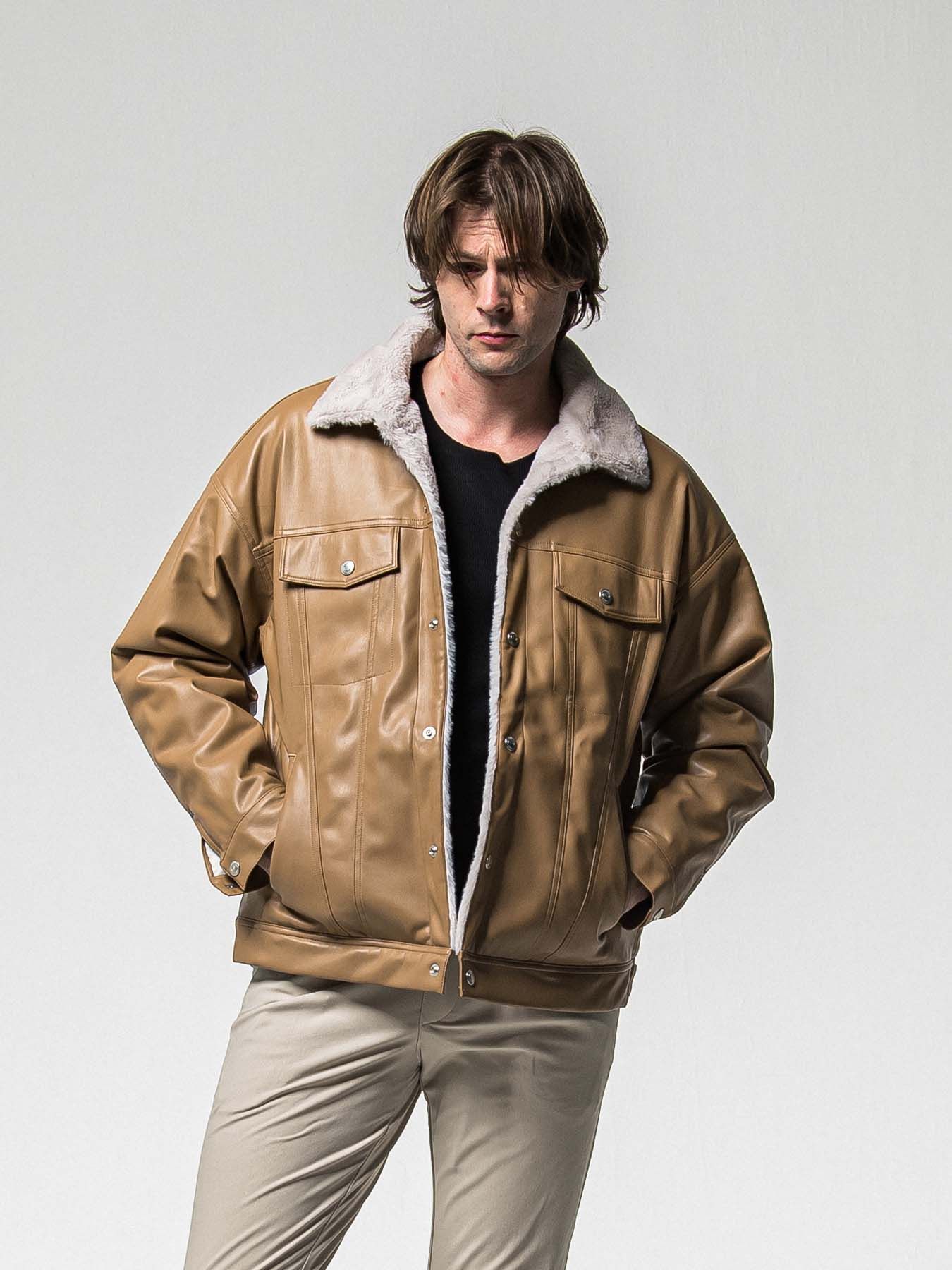 【予約品 8月31日(日) 締切】LEATHER FUR OVER G / レザーファーオーバーGジャケット / キャメル