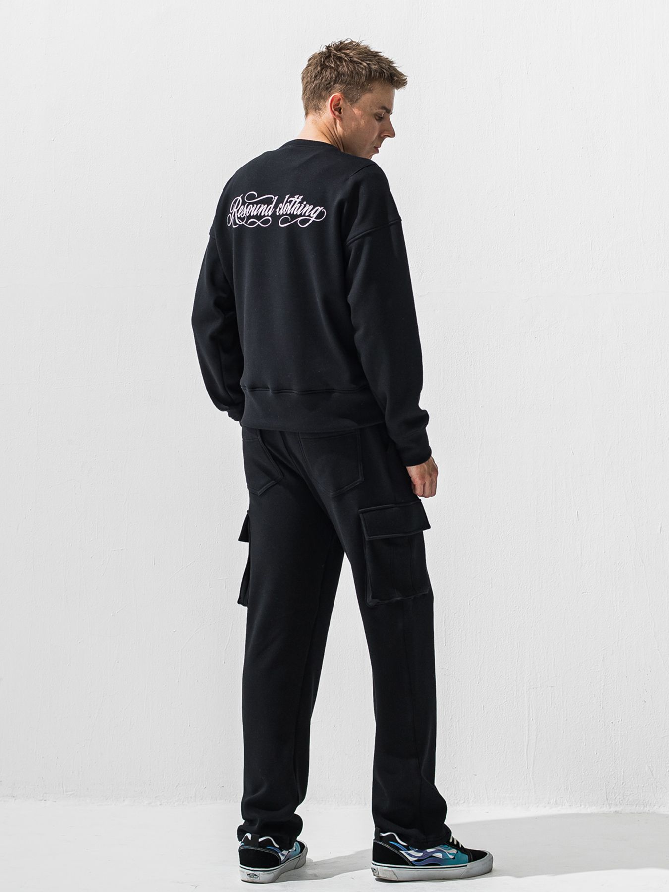 【予約品 9月6日(日) 締切】PIN ST RC VELOURS FLEECE DROP TRAINER / ピンストライプロゴ 裏起毛 ルーズトレーナー / ブラック