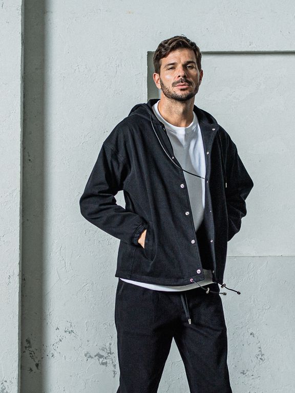 《予約11月17日19時締め》 DENIM JERSEY  coach hoodie / ジャケットパーカー / ブラック