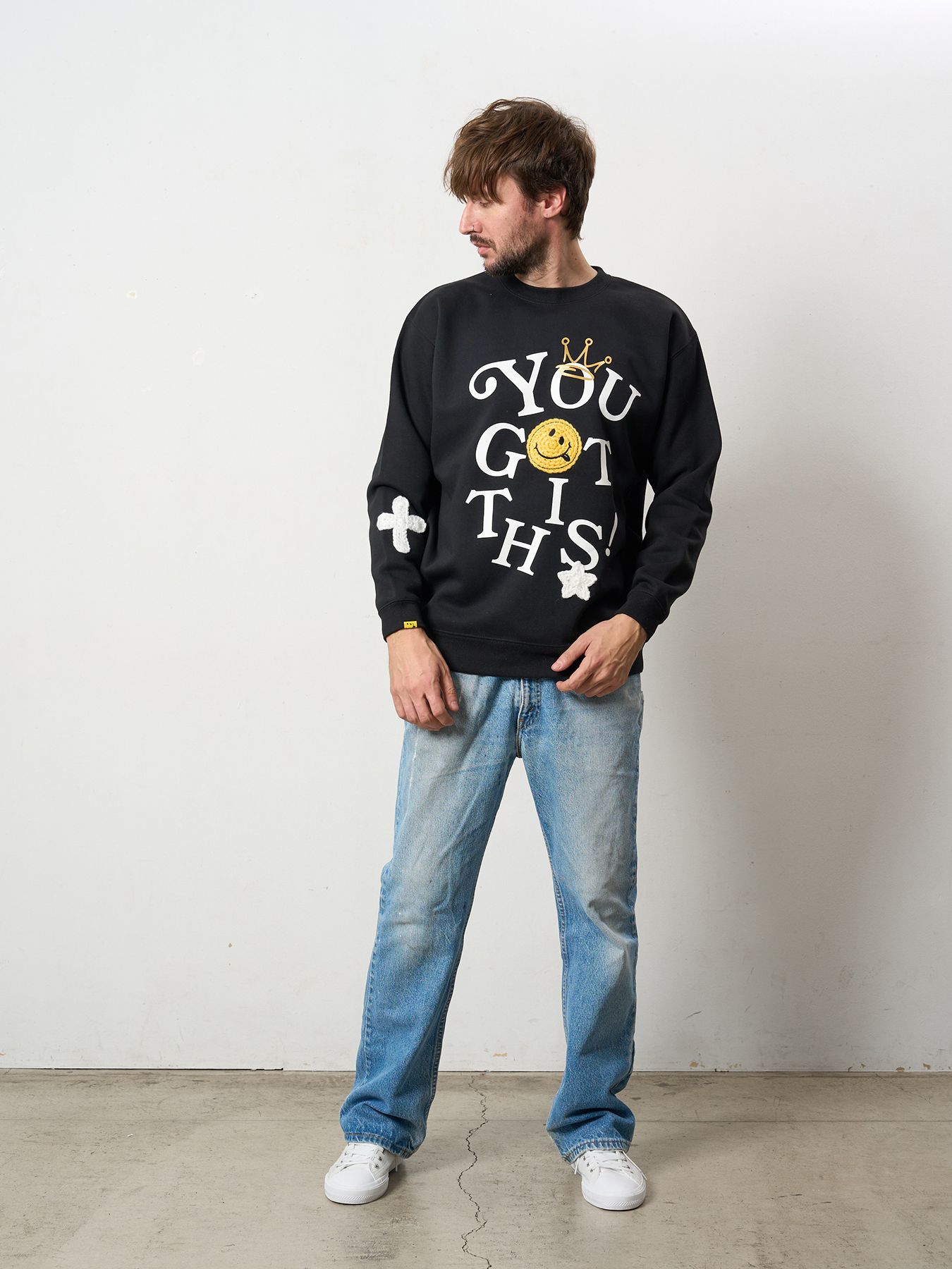 【予約品 5月8日(木) AM10時 締切】 TC裏毛起毛 YOU GOT THIS マルチパッチワークスウェットシャツ / ブラック