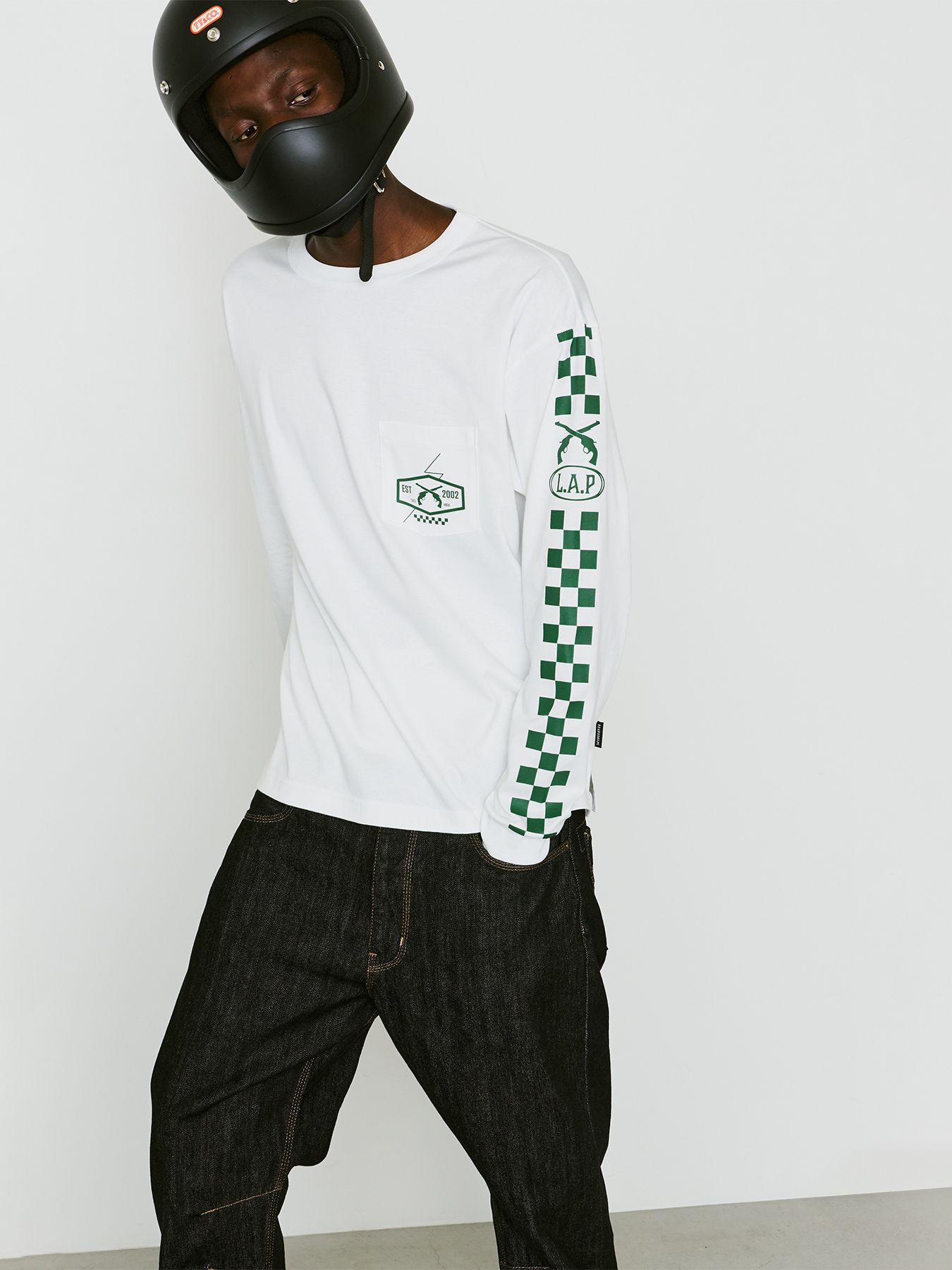 【予約品 8月10日(日) 締切 】CHECKER L/S T / チェッカー ロングスリーブ Tシャツ / ホワイト×グリーン