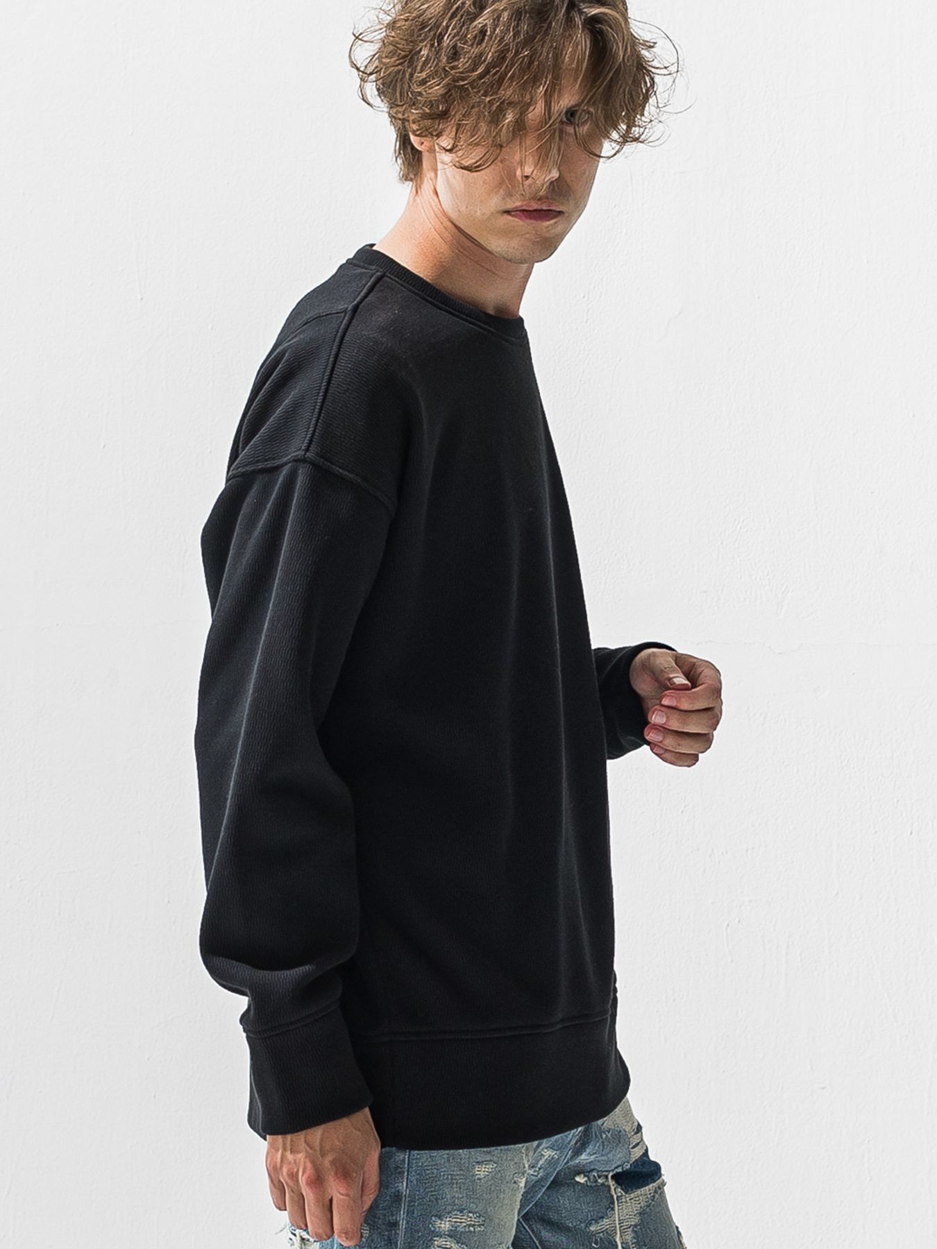 【予約品 9月6日(日) 締切】VELOURS FLEECE THERMAL LOOSE TRAINER / 裏起毛 ハニカムサーマル ルーズトレーナー / ブラック