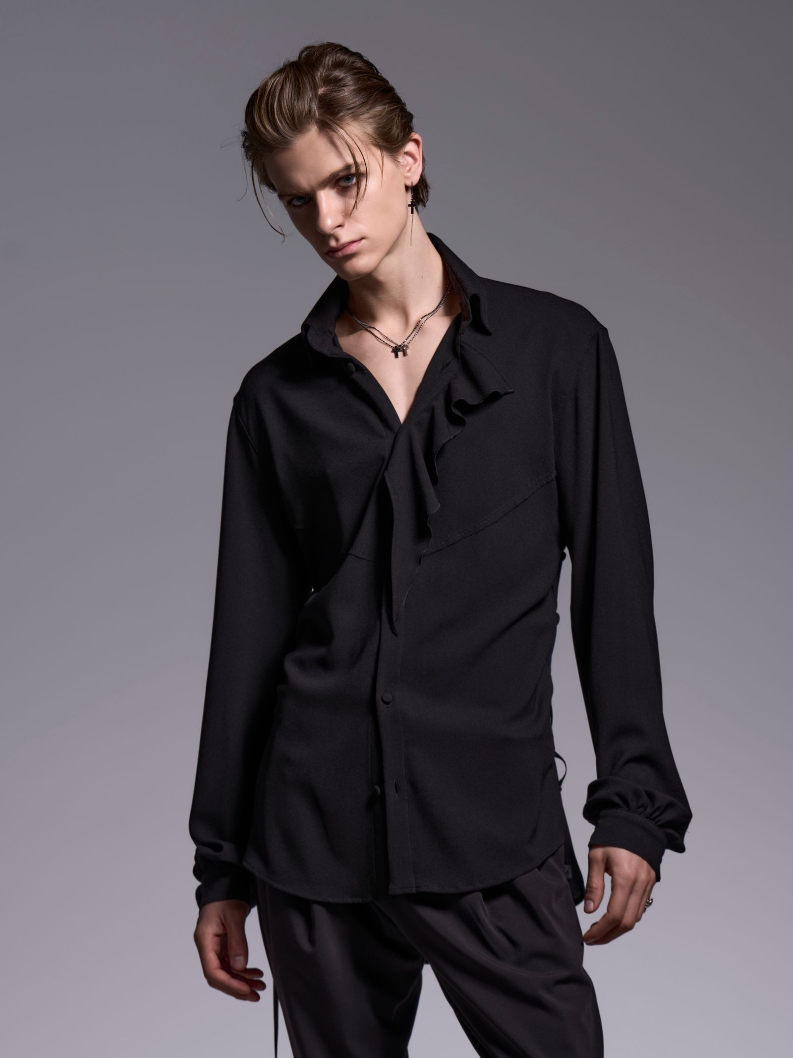 【予約品 1月4日(日) 締切】Lace Up Single Frill Shirts / レースアップ シングル フリルシャツ / ブラック