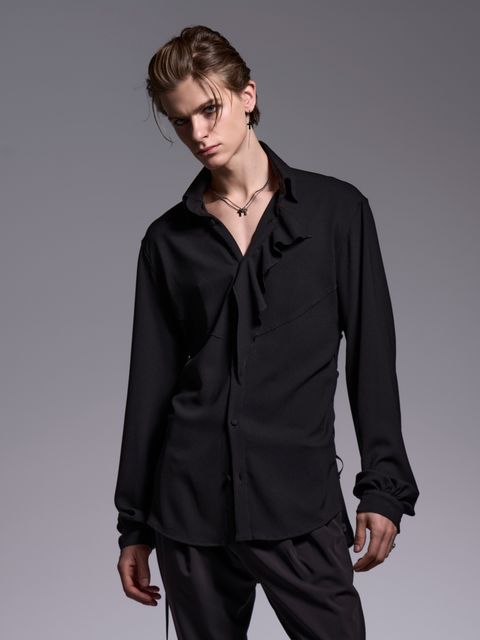 【予約品 1月4日(日) 締切】Lace Up Single Frill Shirts / レースアップ シングル フリルシャツ / ブラック