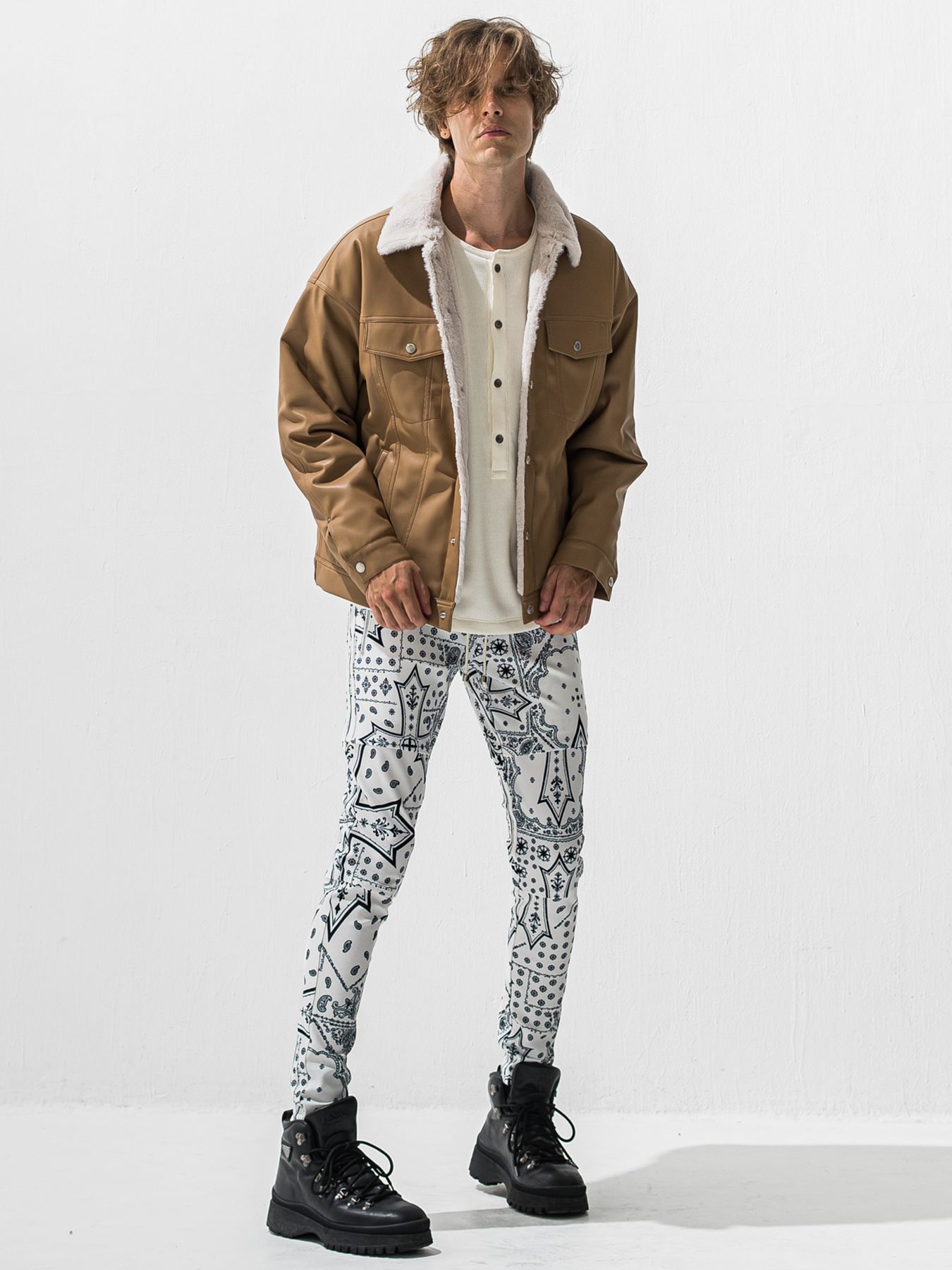 【予約品 9月6日(日) 締切】OVER HENRY VELOURS FLEECE THERMAL / 裏起毛 ハニカムサーマル オーバーサイズヘンリーネック / ホワイト