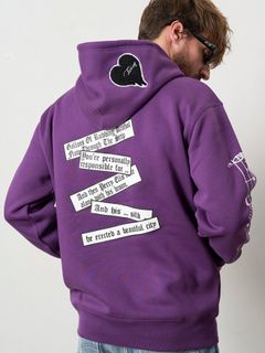 【予約品 5月8日(木) AM10時 締切】 TC裏毛起毛 リリックリボン&MUSICプリントハートサガラパッチワーク プルオーバー パーカー / パープル