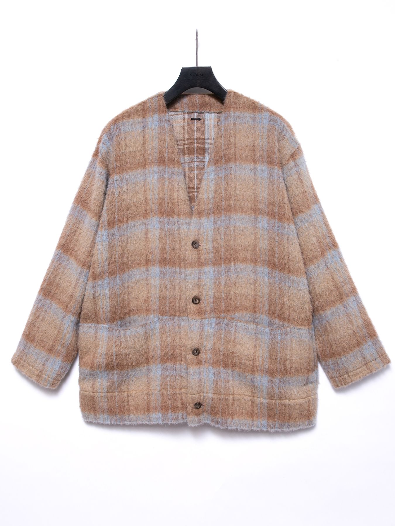 【予約品 4月6日(月) 締切】Alpaca Mixed Wool Shaggy Check Middle Cardigan / アルパカ混ウール シャギー チェック ミドル カーディガン / ベージュ