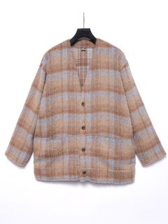 【予約品 4月6日(月) 締切】Alpaca Mixed Wool Shaggy Check Middle Cardigan / アルパカ混ウール シャギー チェック ミドル カーディガン / ベージュ