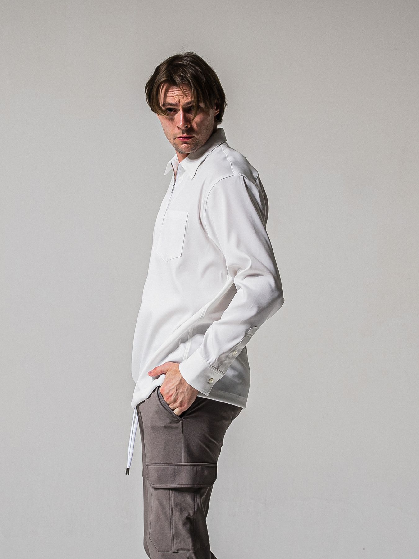 【予約品 11月16日(日) 締切】PULL OVER SATIN SHIRT / ジッププルオーバー サテンシャツ / ホワイト