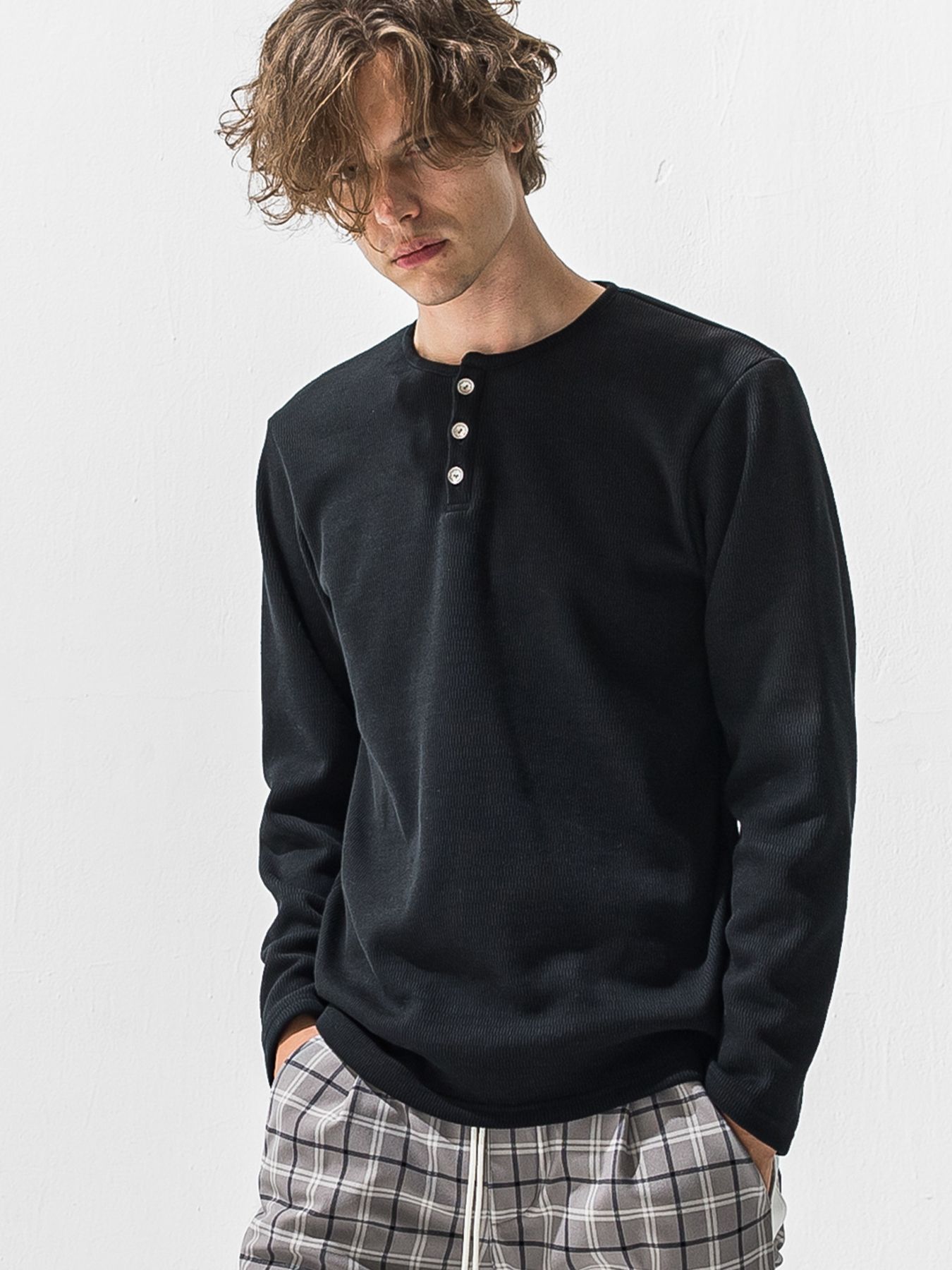 【予約品 9月6日(日) 締切】VELOURS FLEECE THERMAL HENRY / 裏起毛 ハニカムサーマル ヘンリーネック / ブラック