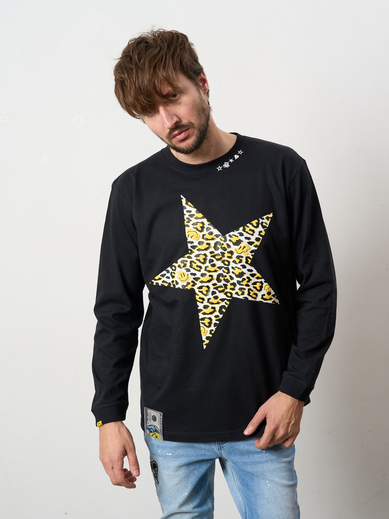 【予約品 5月8日(木) AM10時 締切】 5.6ozコットン天竺 レオパードスタースマイル発泡プリント LS Tシャツ / ブラック
