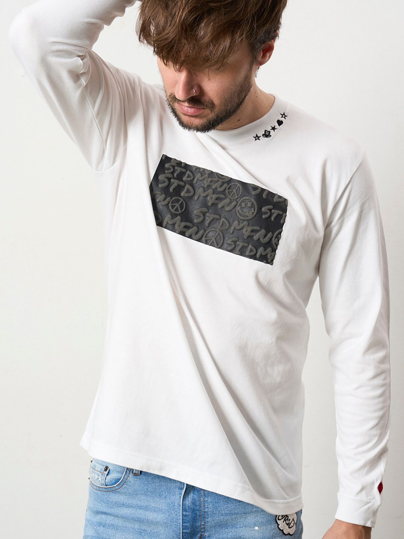 【予約品 5月8日(木) AM10時 締切】 5.6ozコットン天竺 ボックスロゴ発泡プリントLS Tシャツ / ホワイト