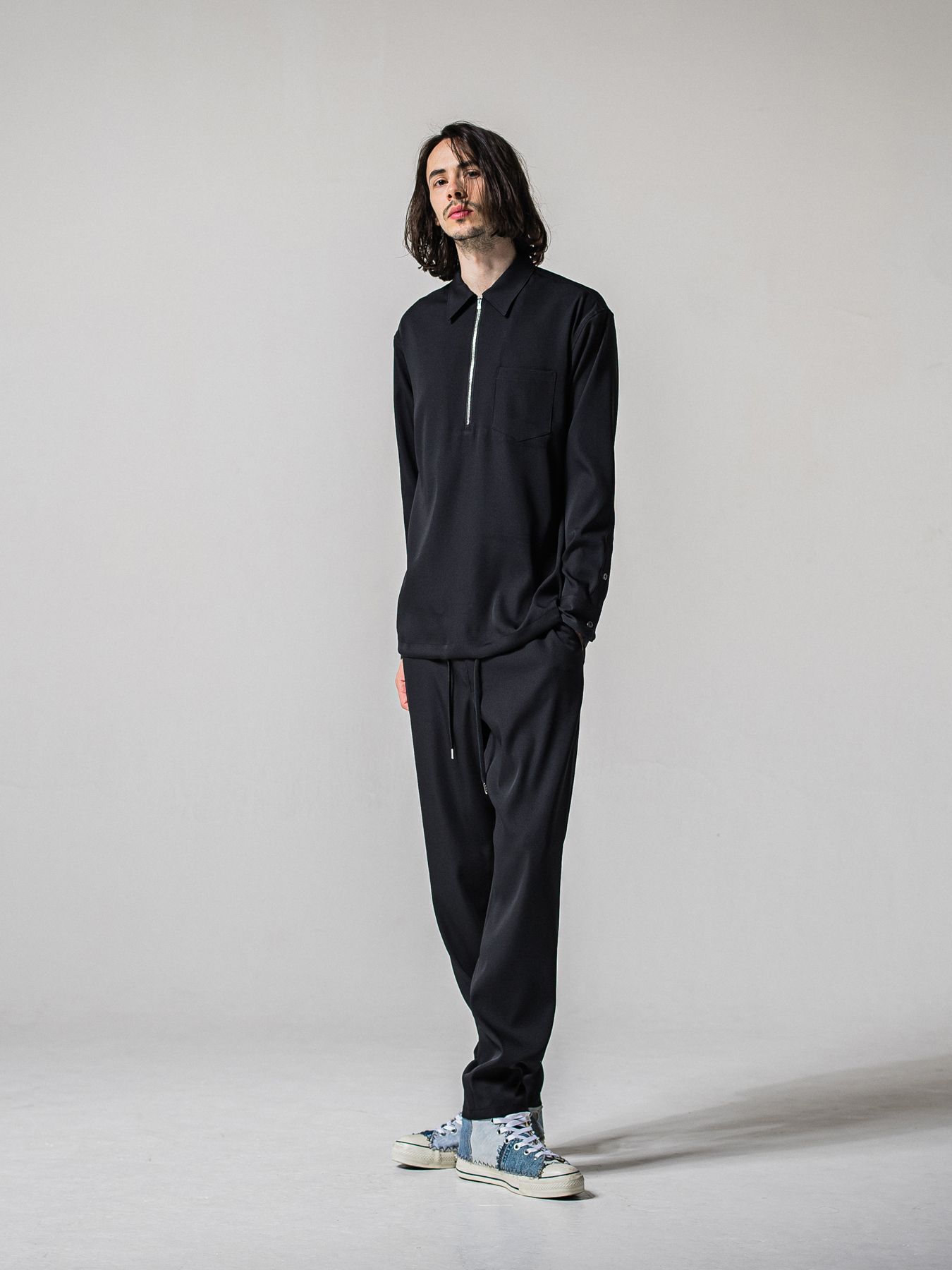 【予約品 11月16日(日) 締切】PULL OVER SATIN SHIRT / ジッププルオーバー サテンシャツ / ブラック