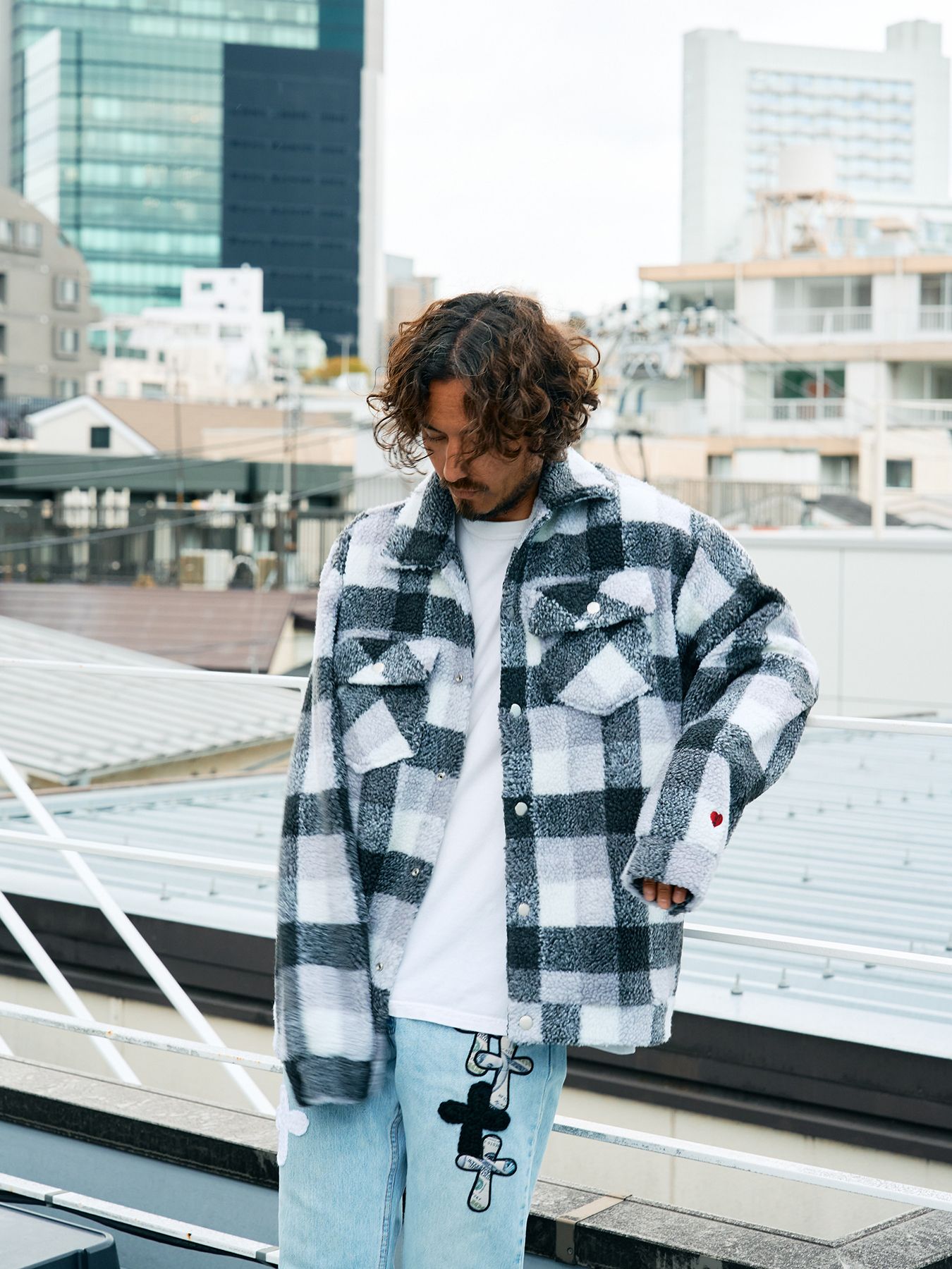 【予約品 】 ブロックチェックムックボア サガラパッチワークブルゾン / M.グレー