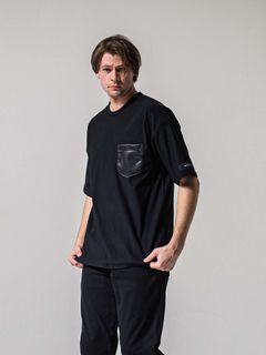 【予約品 11月16日(日) 締切】LEATER POCKET OVER NYLON T / エコレザーポケット ルーズTシャツ / ブラック