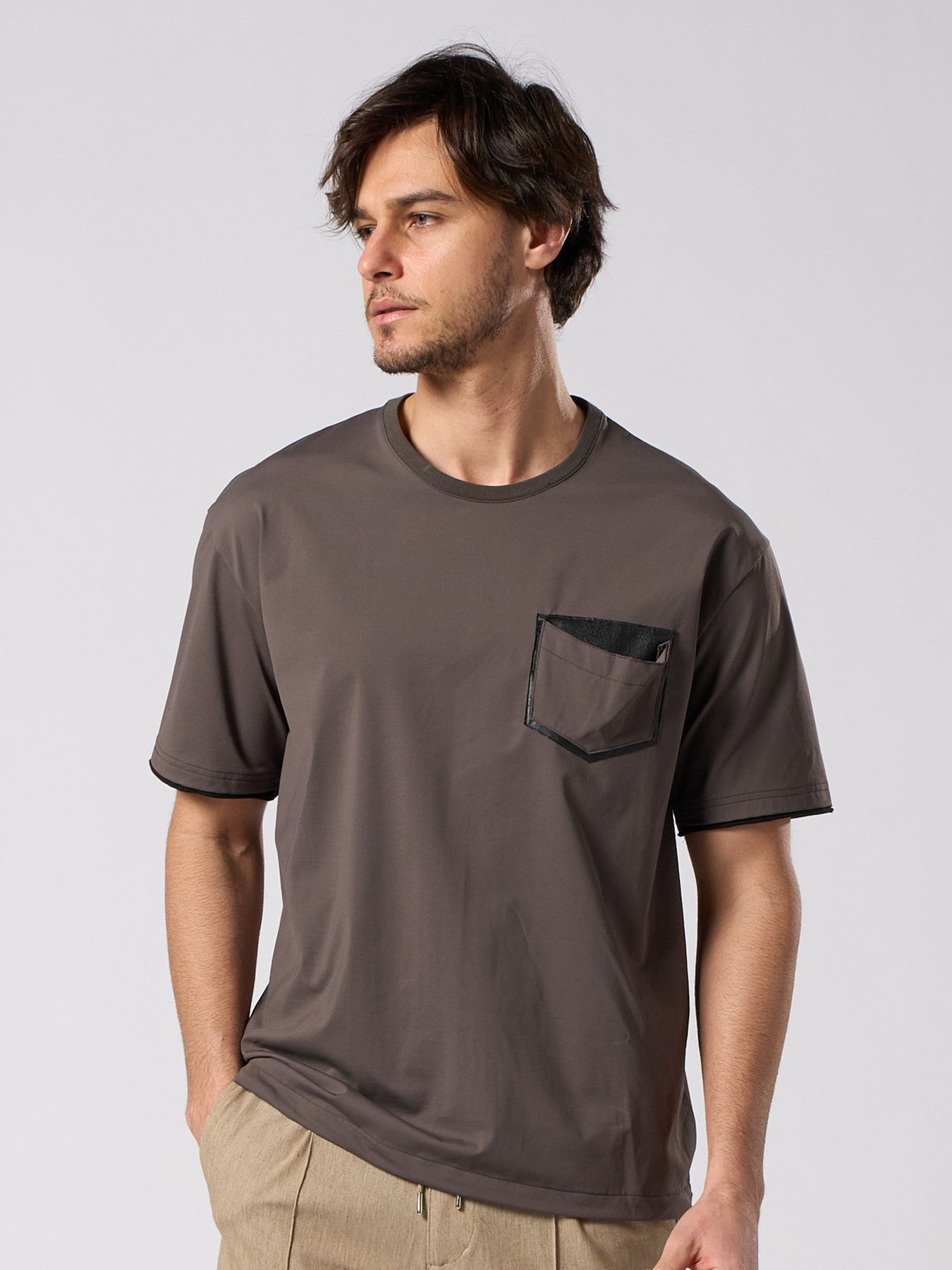 【予約品 1月25日(日) 締切】drawstring leather pocket S/S / ドローストリング レザーポケット ショートスリーブ / チャコール