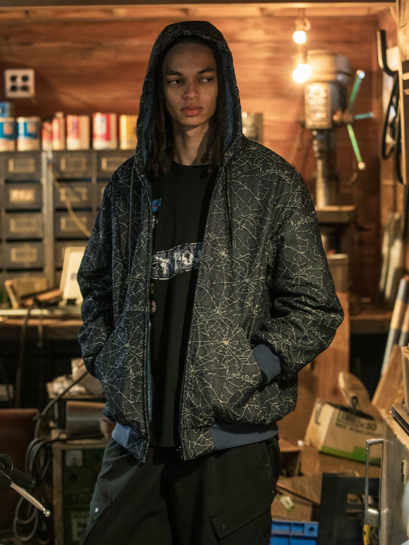 【予約品 3月9日(月) 18:00 締切】SPIDER JAQ HOODIE / リバーシブル スパイダー ジャガード ジップフーディ / ブラック