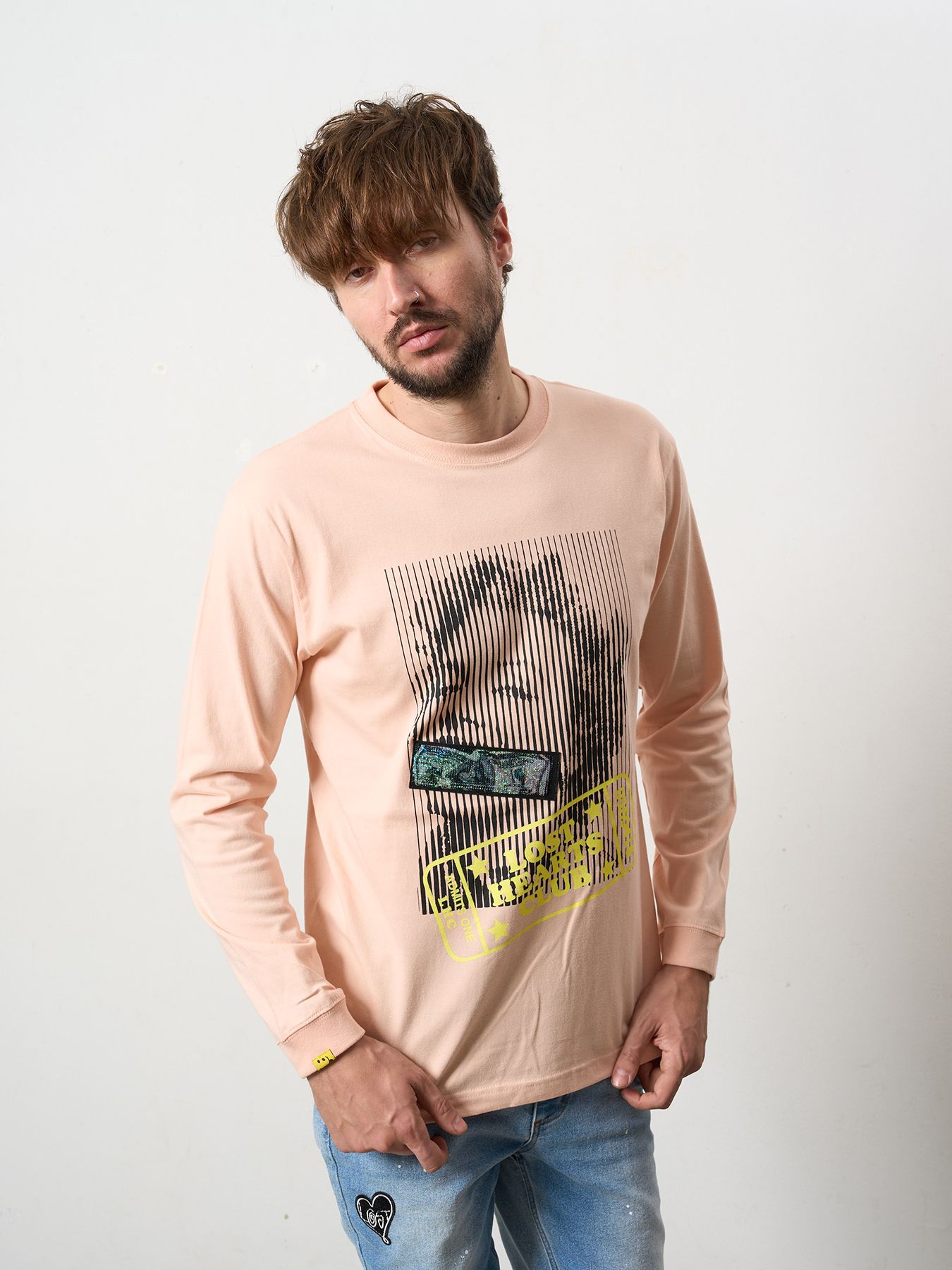 【予約品 5月8日(木) AM10時 締切】 5.6ozコットン天竺 LOST HEARTS シークインLS Tシャツ / ペールピンク