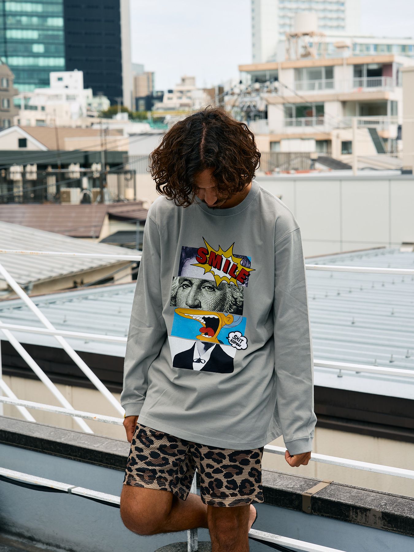 【予約品 10月16日(木) 締切】5.6ozコットン天竺 ブロックコラージュ&パッチ LSシャツ / チャコールグレー